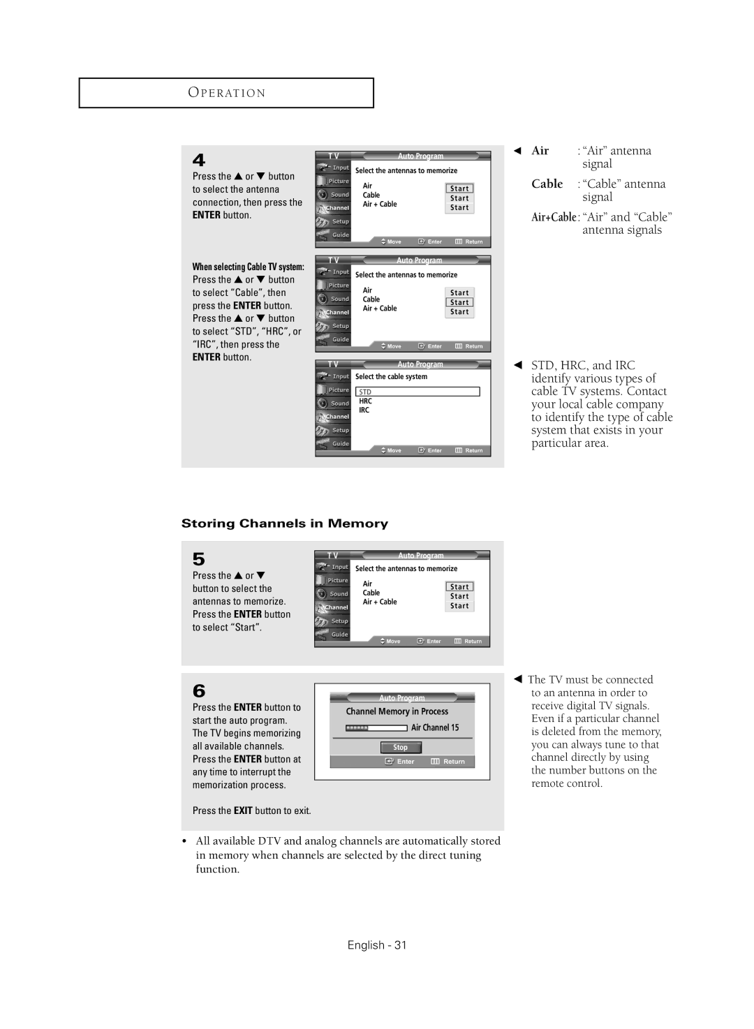 Samsung TX-R3081WH manual Air Air antenna signal Cable Cable antenna Signal, Storing Channels in Memory 