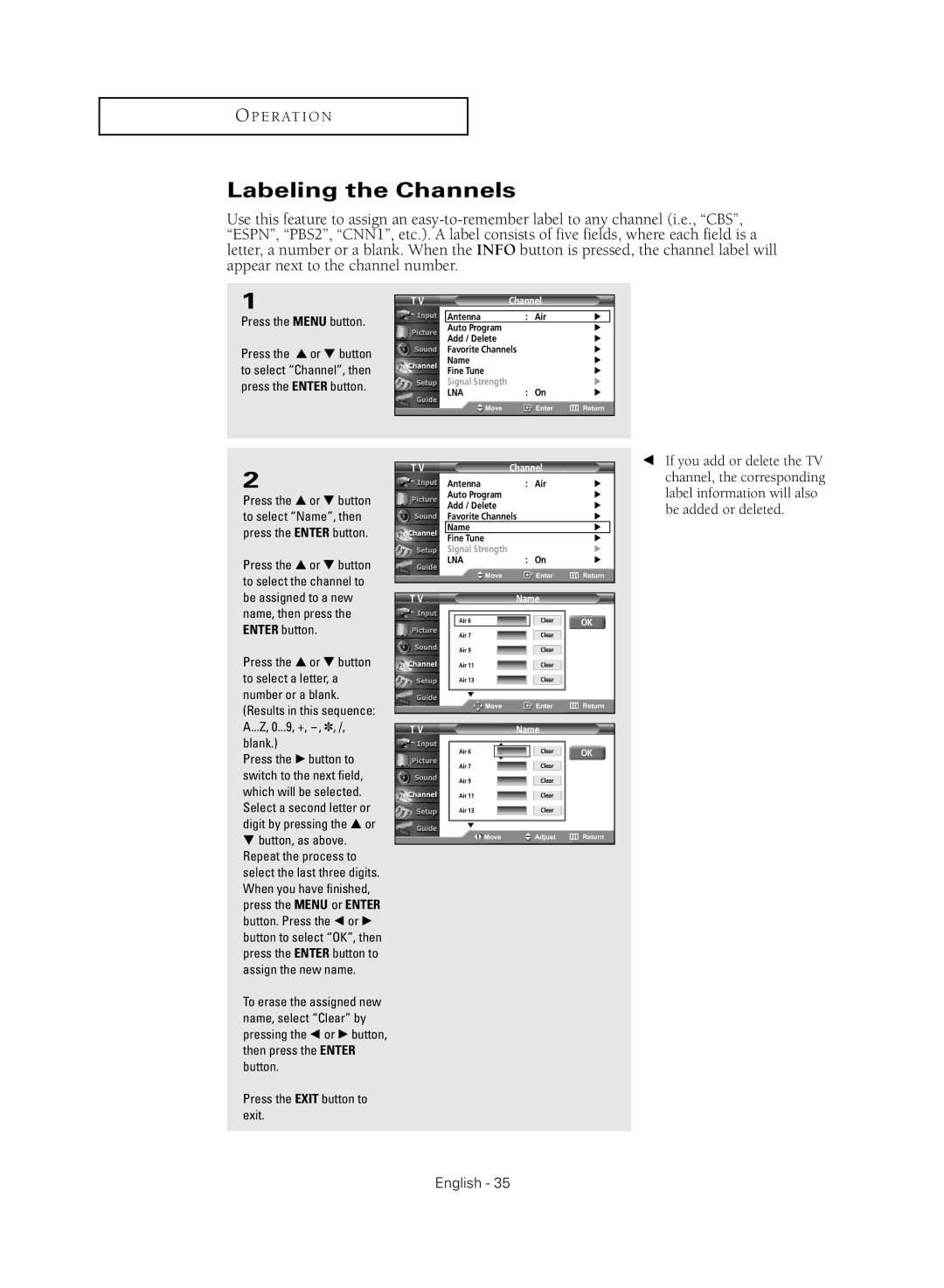 Samsung TX-R3081WH manual Labeling the Channels, Name 