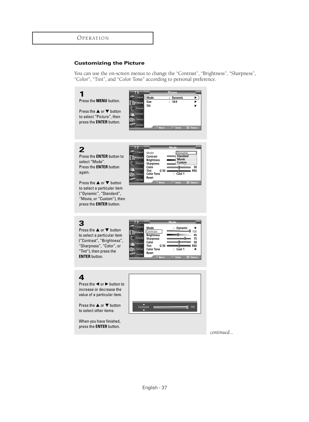 Samsung TX-R3081WH manual Customizing the Picture, Mode 