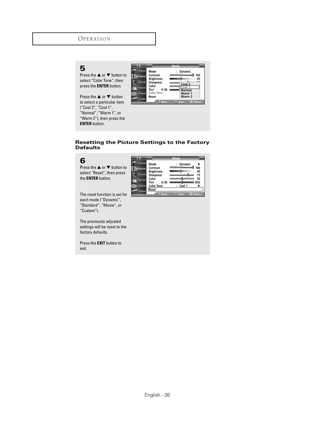 Samsung TX-R3081WH manual Resetting the Picture Settings to the Factory Defaults 