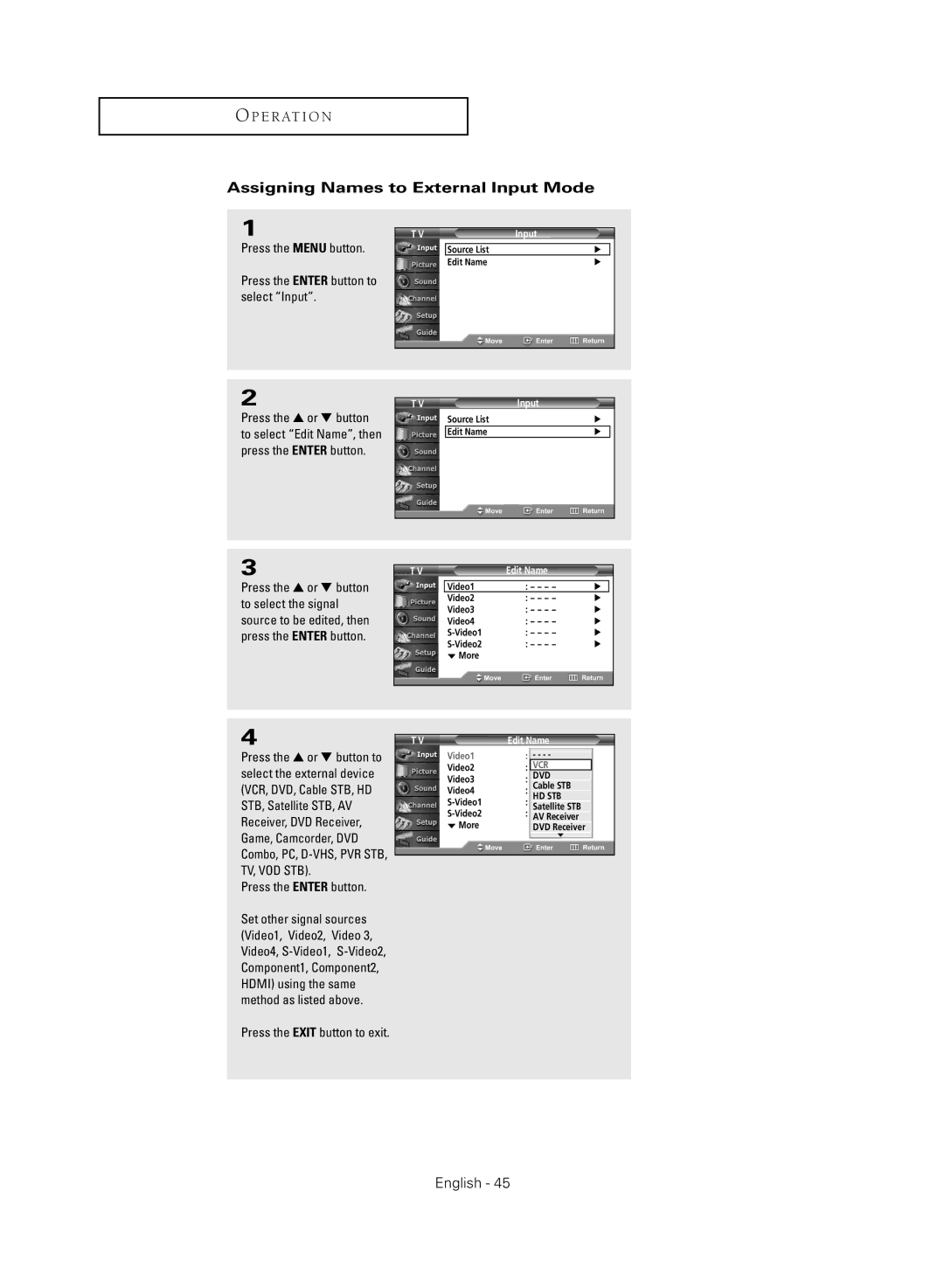 Samsung TX-R3081WH manual Assigning Names to External Input Mode, Press the Enter button, Edit Name 