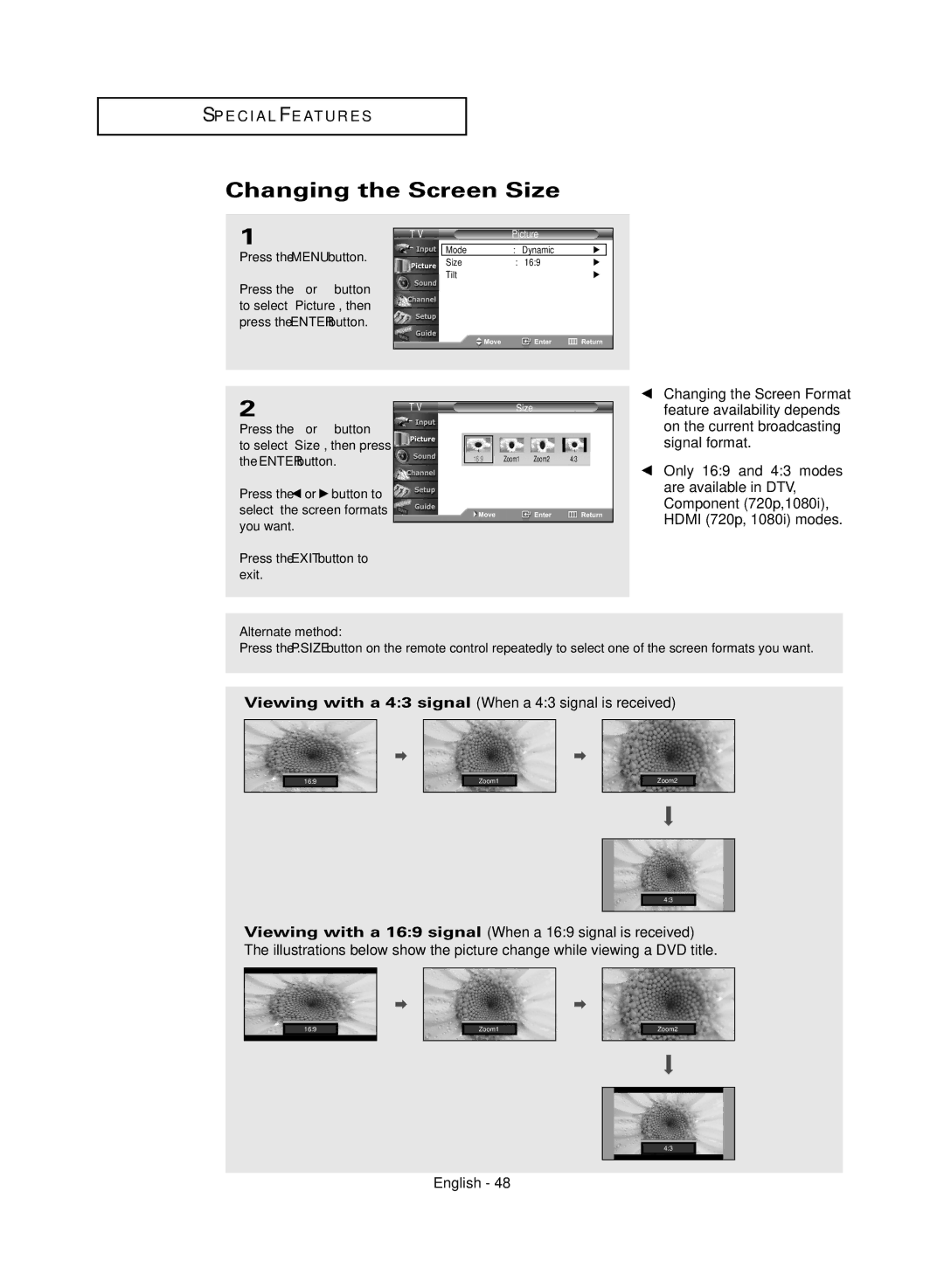 Samsung TX-R3081WH manual Changing the Screen Size 