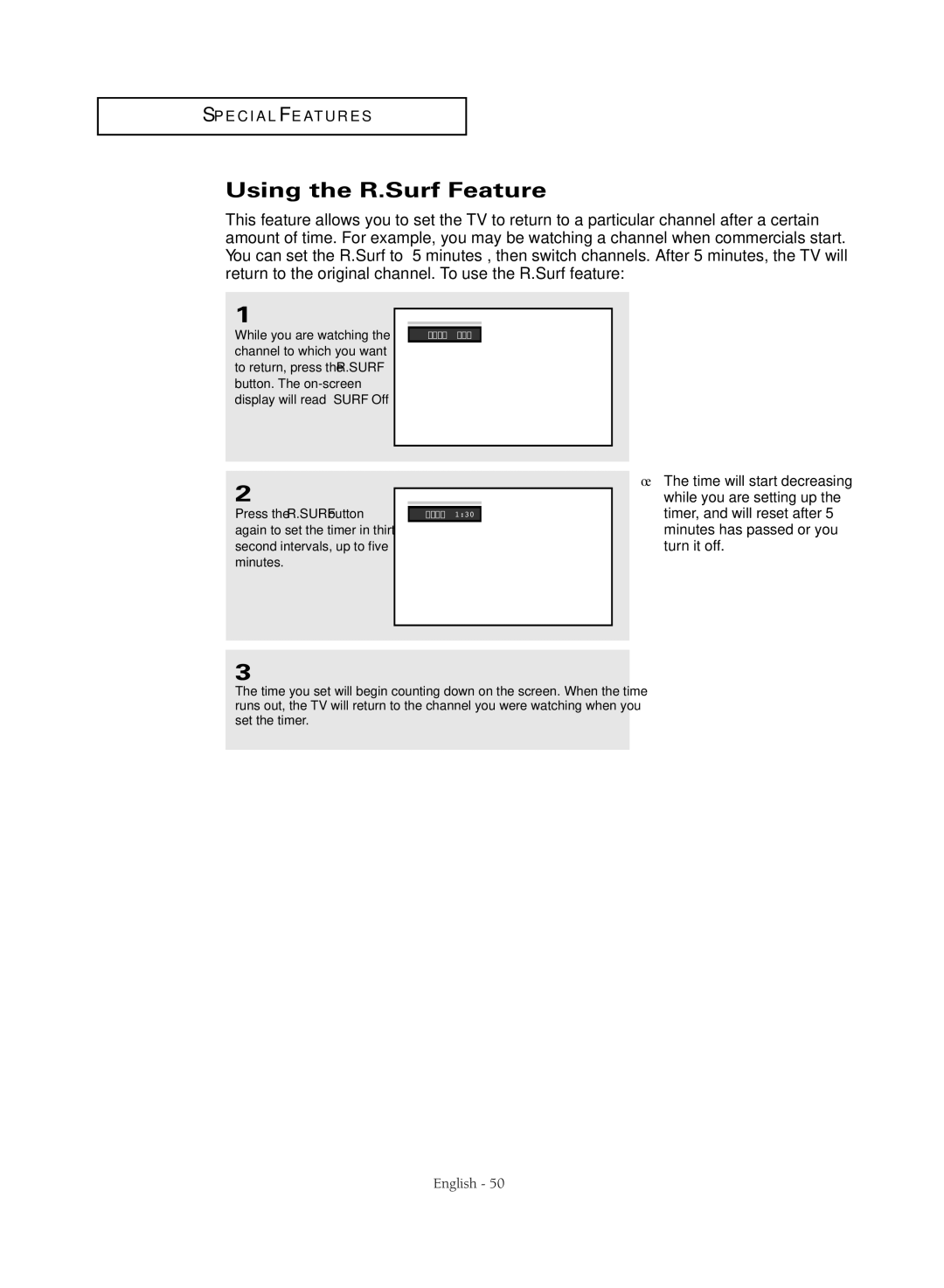 Samsung TX-R3081WH manual Using the R.Surf Feature, Button. The on-screen, Press the R.SURF button 