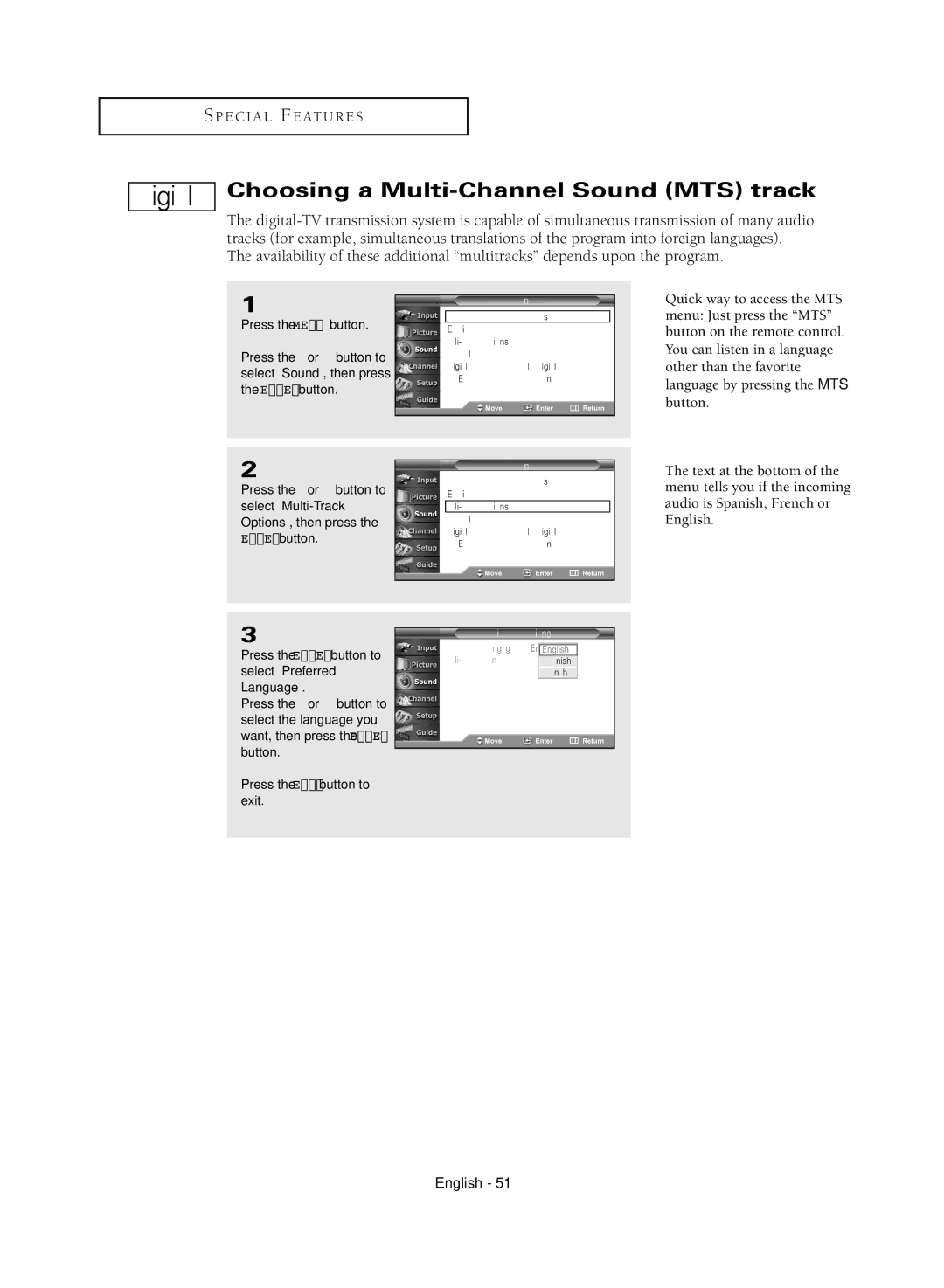 Samsung TX-R3081WH manual Choosing a Multi-Channel Sound MTS track, Press the Enter button to select Preferred Language 