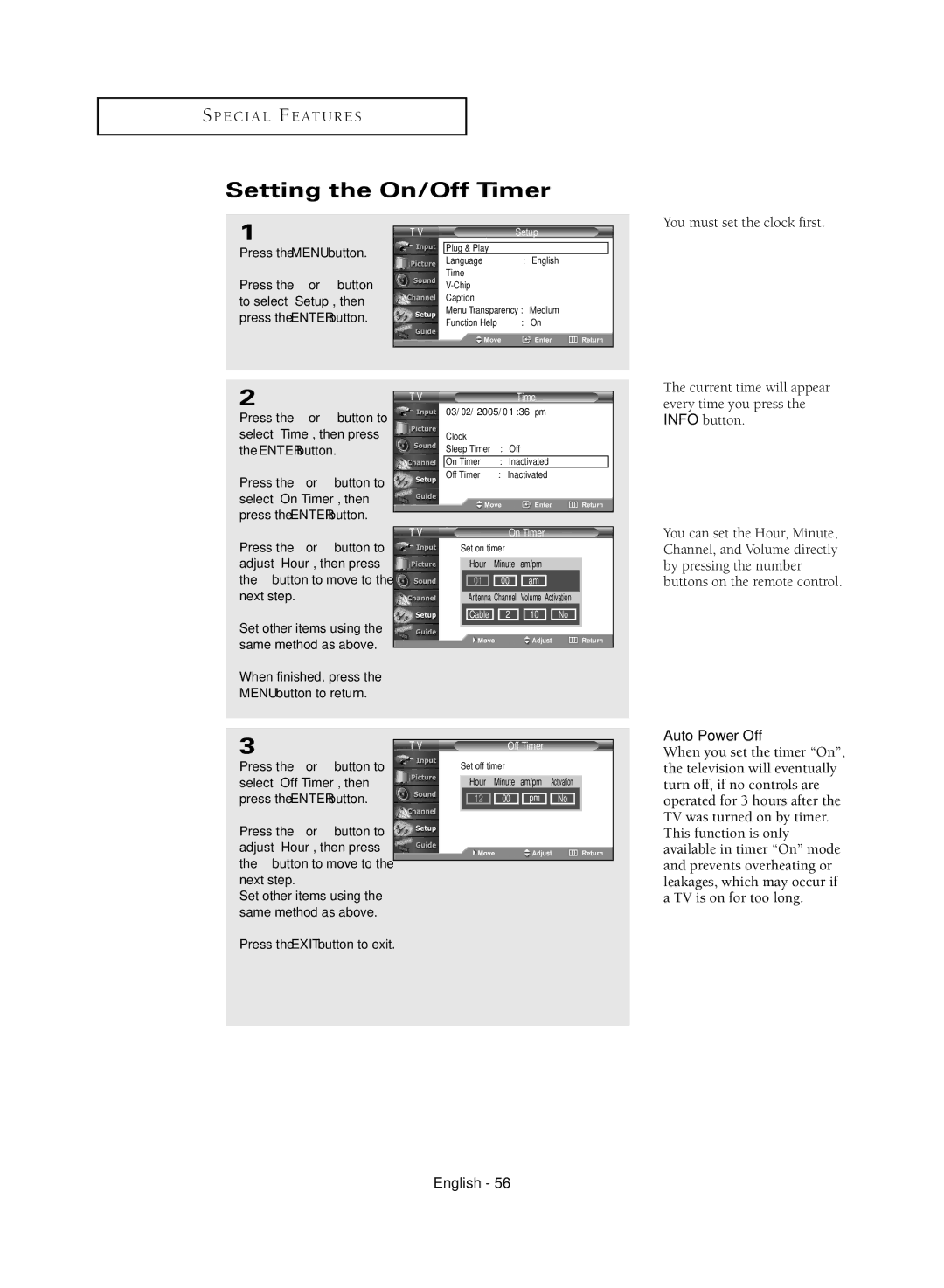 Samsung TX-R3081WH manual Setting the On/Off Timer, You must set the clock first 