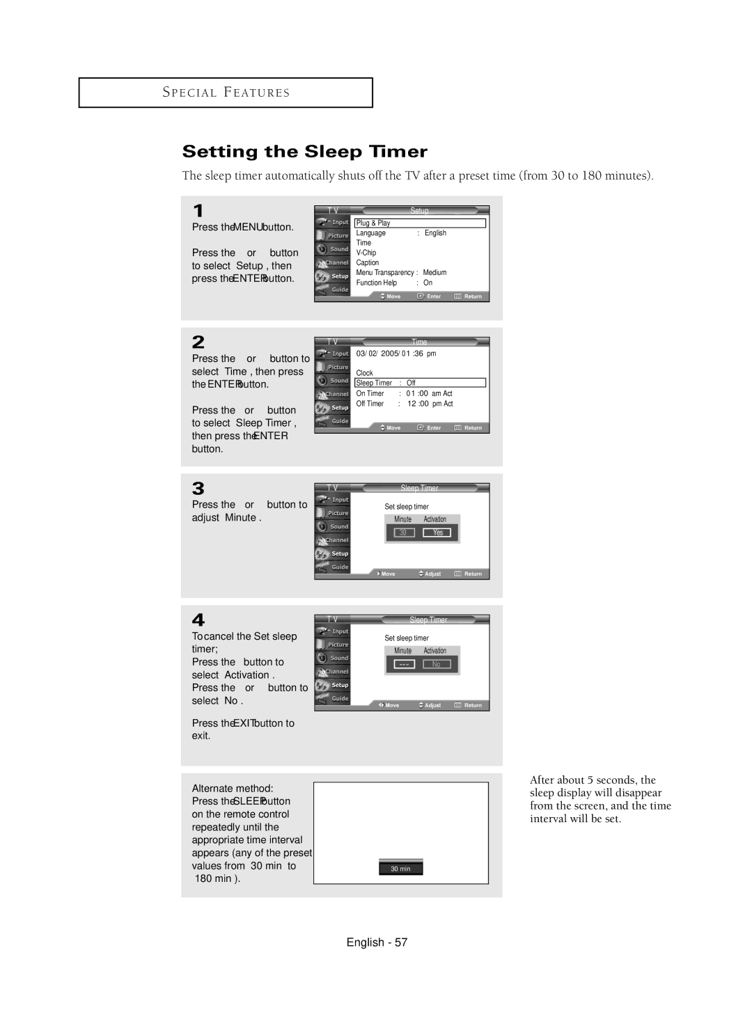 Samsung TX-R3081WH manual Setting the Sleep Timer, Press the … or † button to, Adjust Minute, To cancel the Set sleep timer 