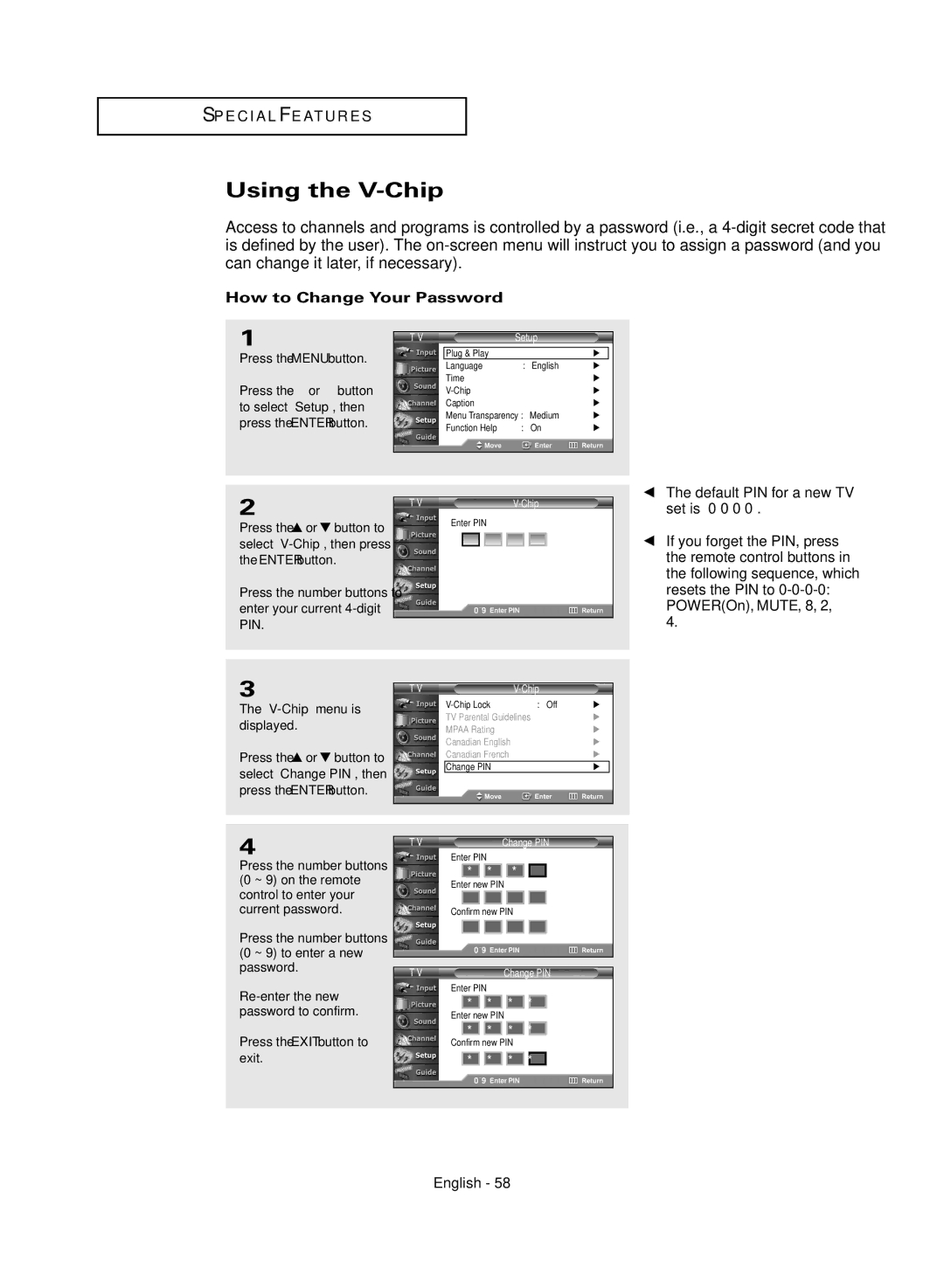 Samsung TX-R3081WH manual Using the V-Chip, How to Change Your Password, V-Chip menu is displayed 