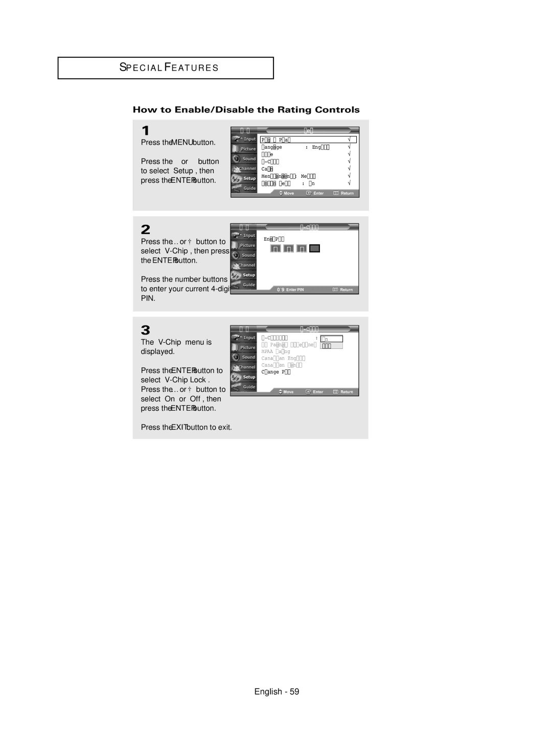 Samsung TX-R3081WH manual How to Enable/Disable the Rating Controls 