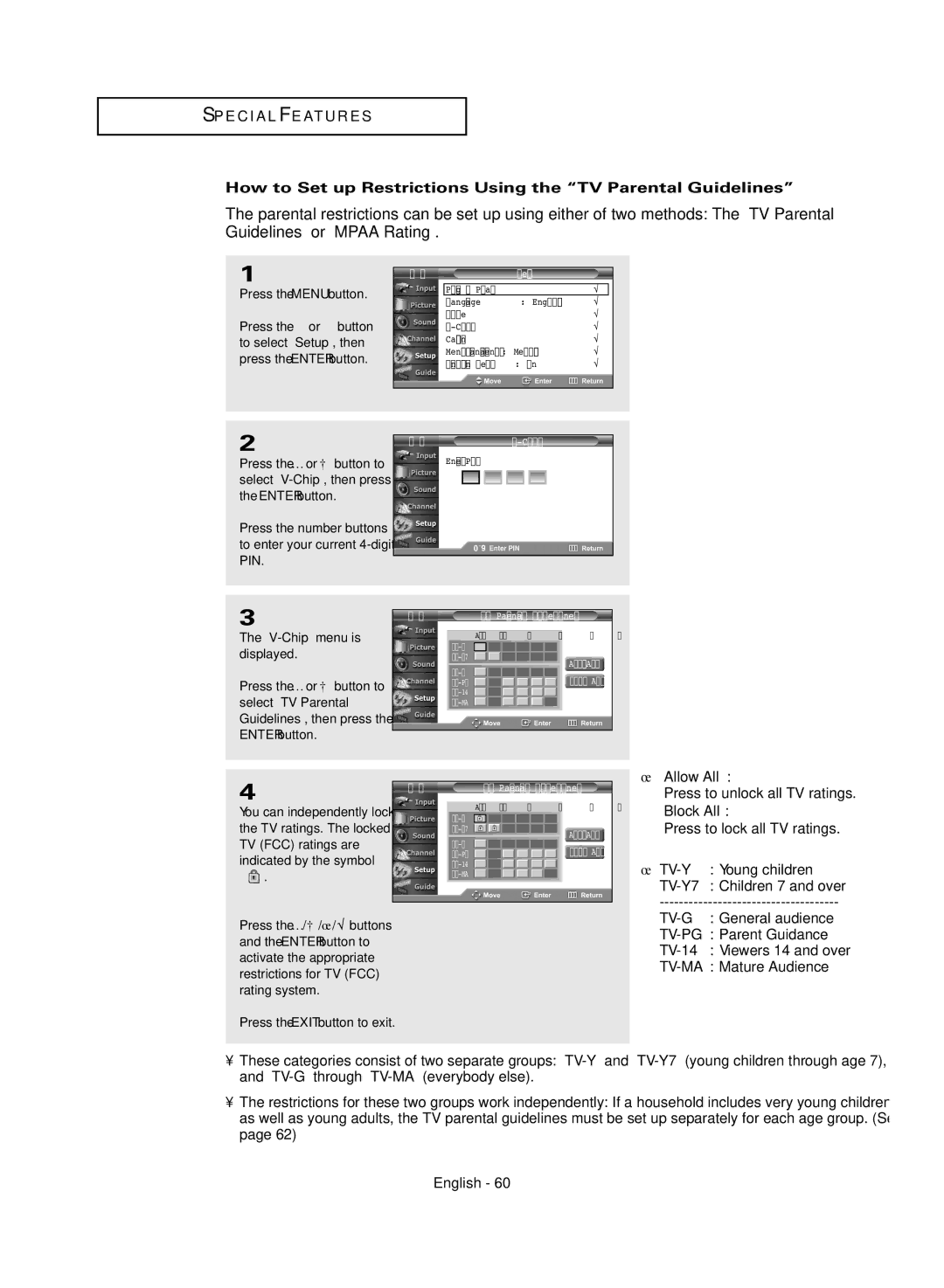 Samsung TX-R3081WH manual How to Set up Restrictions Using the TV Parental Guidelines 