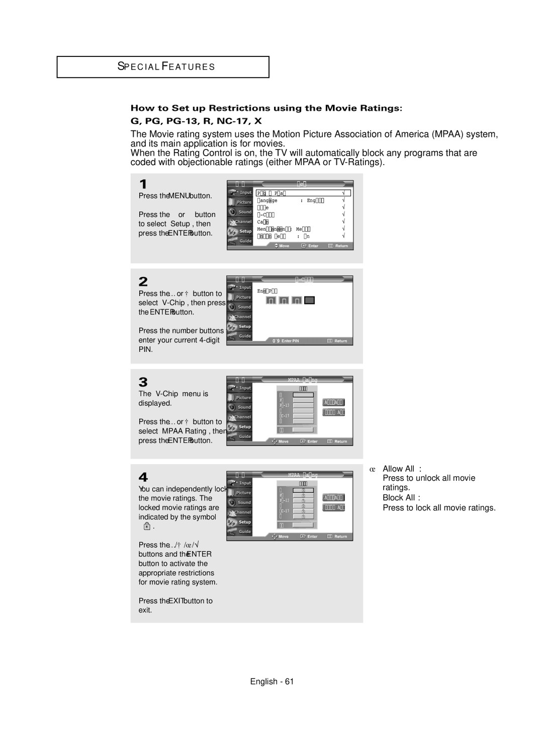 Samsung TX-R3081WH manual Block All 