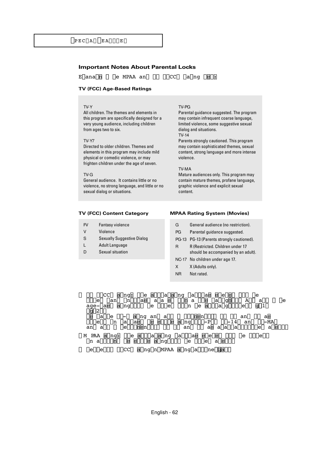 Samsung TX-R3081WH manual Explanation of the Mpaa and TV FCC Rating Systems, Important Notes About Parental Locks 