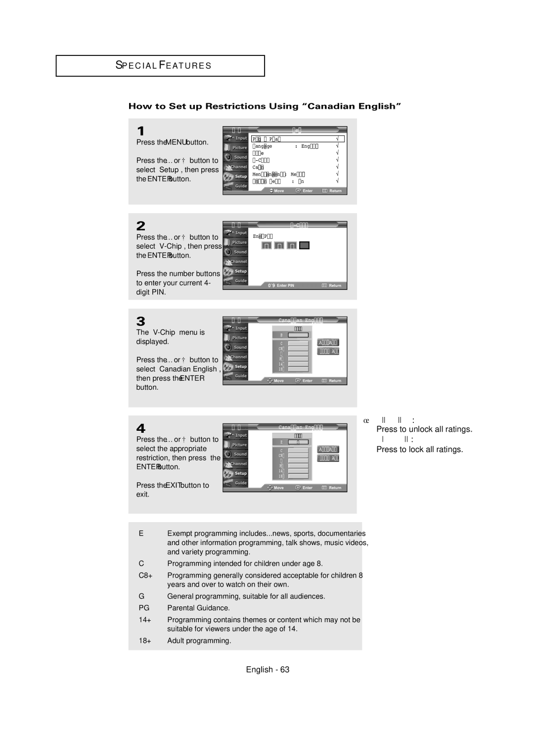 Samsung TX-R3081WH manual How to Set up Restrictions Using Canadian English, SetupSetup 