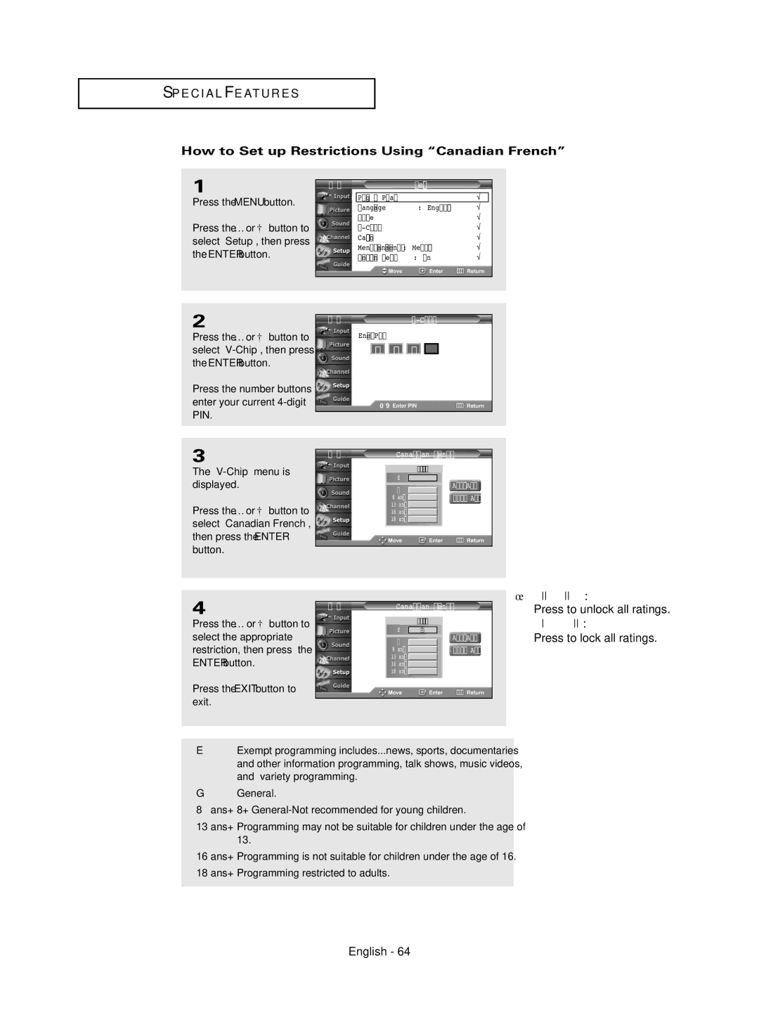 Samsung TX-R3081WH manual How to Set up Restrictions Using Canadian French, V-Chip menu is, Select the appropriate 