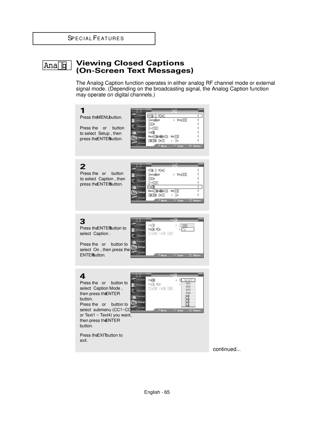 Samsung TX-R3081WH manual Viewing Closed Captions On-Screen Text Messages, Setup 