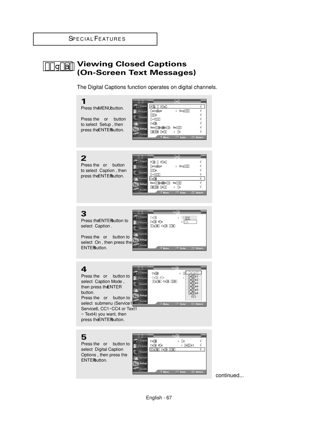 Samsung TX-R3081WH manual Digital Captions function operates on digital channels 