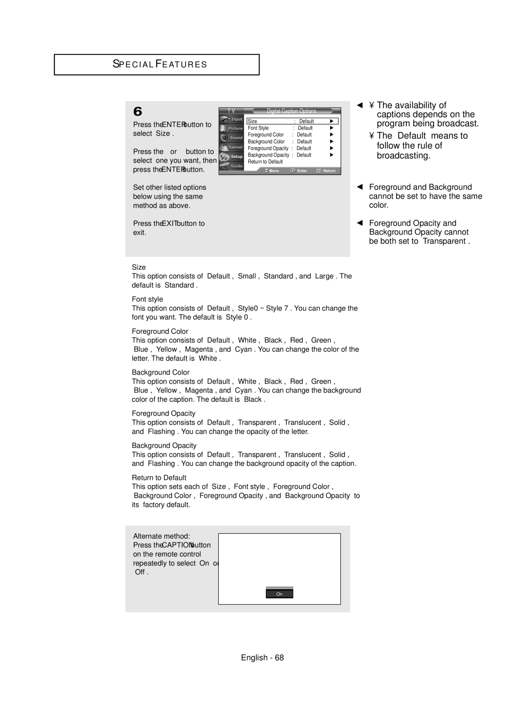 Samsung TX-R3081WH manual Press the Enter button to select Size, Digital Caption Options 