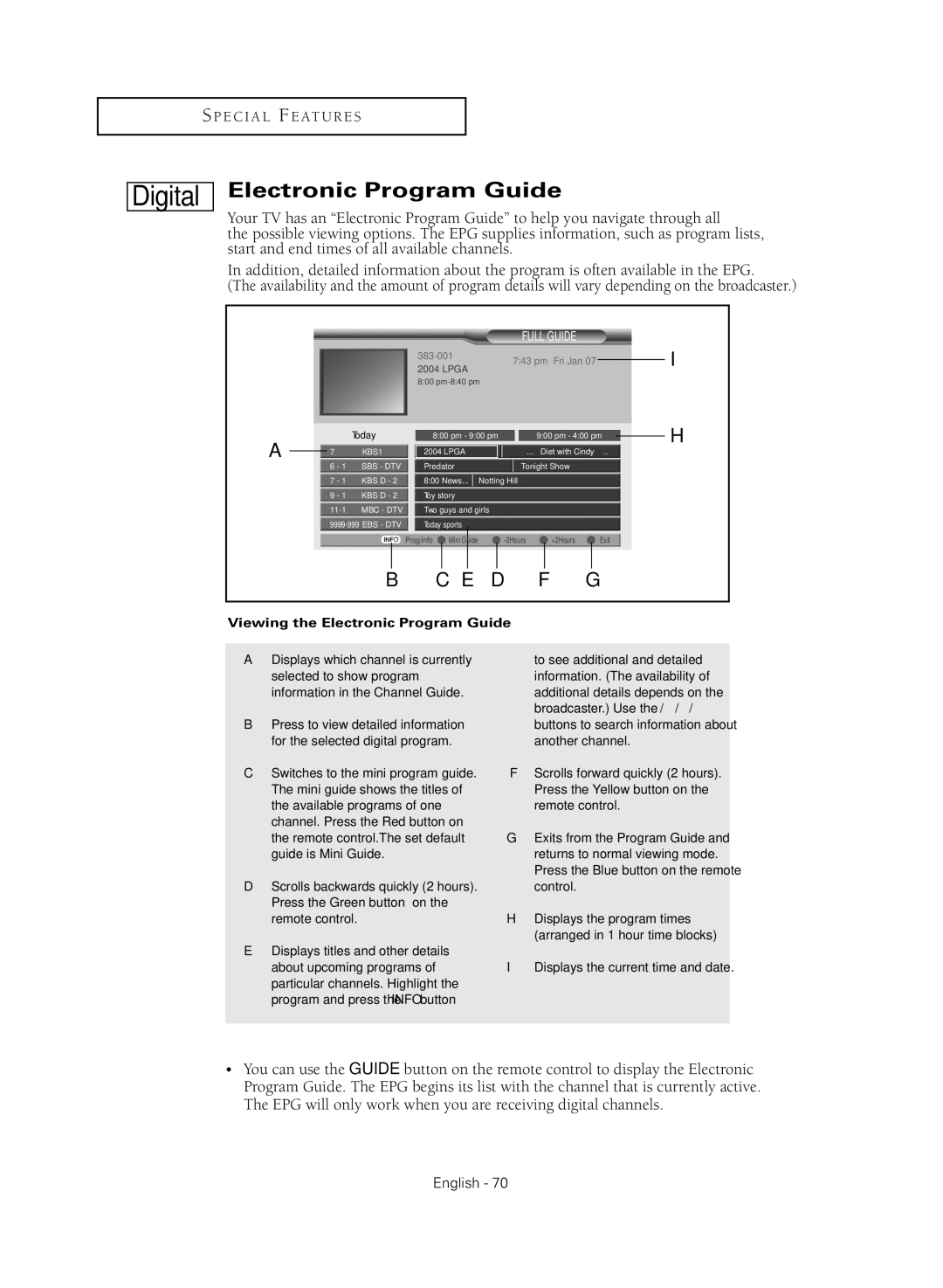 Samsung TX-R3081WH manual Electronic Program Guide, Displays the current time and date 