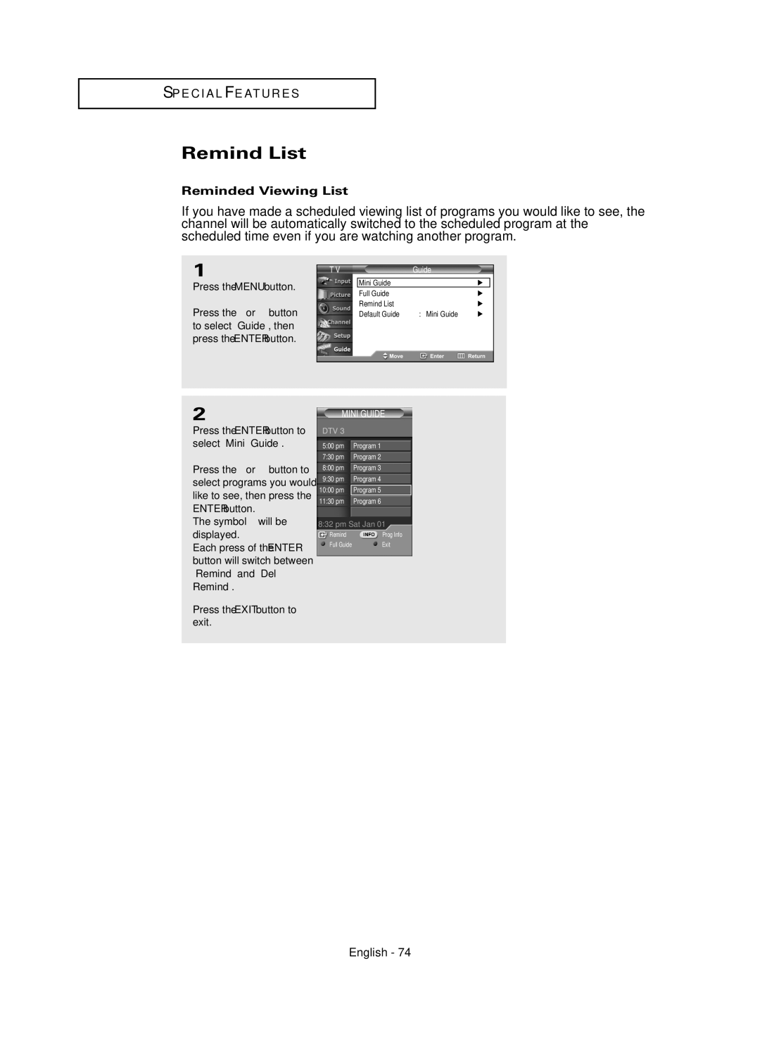 Samsung TX-R3081WH manual Remind List, Reminded Viewing List, Symbol will be displayed 