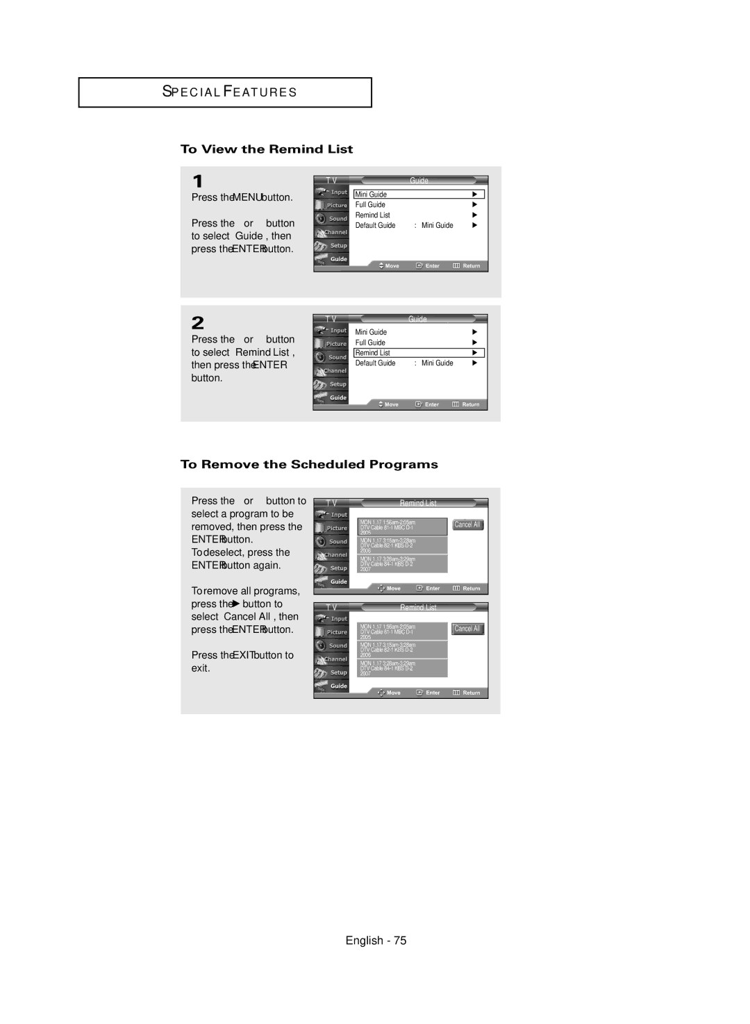 Samsung TX-R3081WH manual To View the Remind List, To Remove the Scheduled Programs 