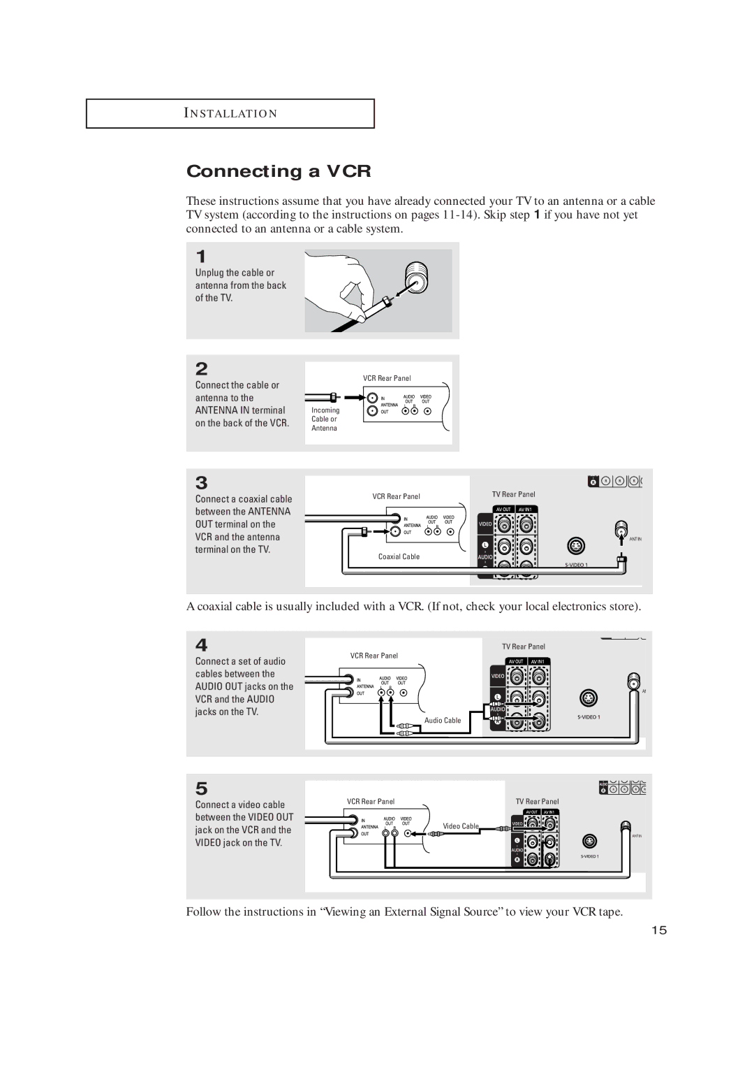 Samsung TX R3265, TX R2765 manual Connecting a VCR, Unplug the cable or antenna from the back of the TV 