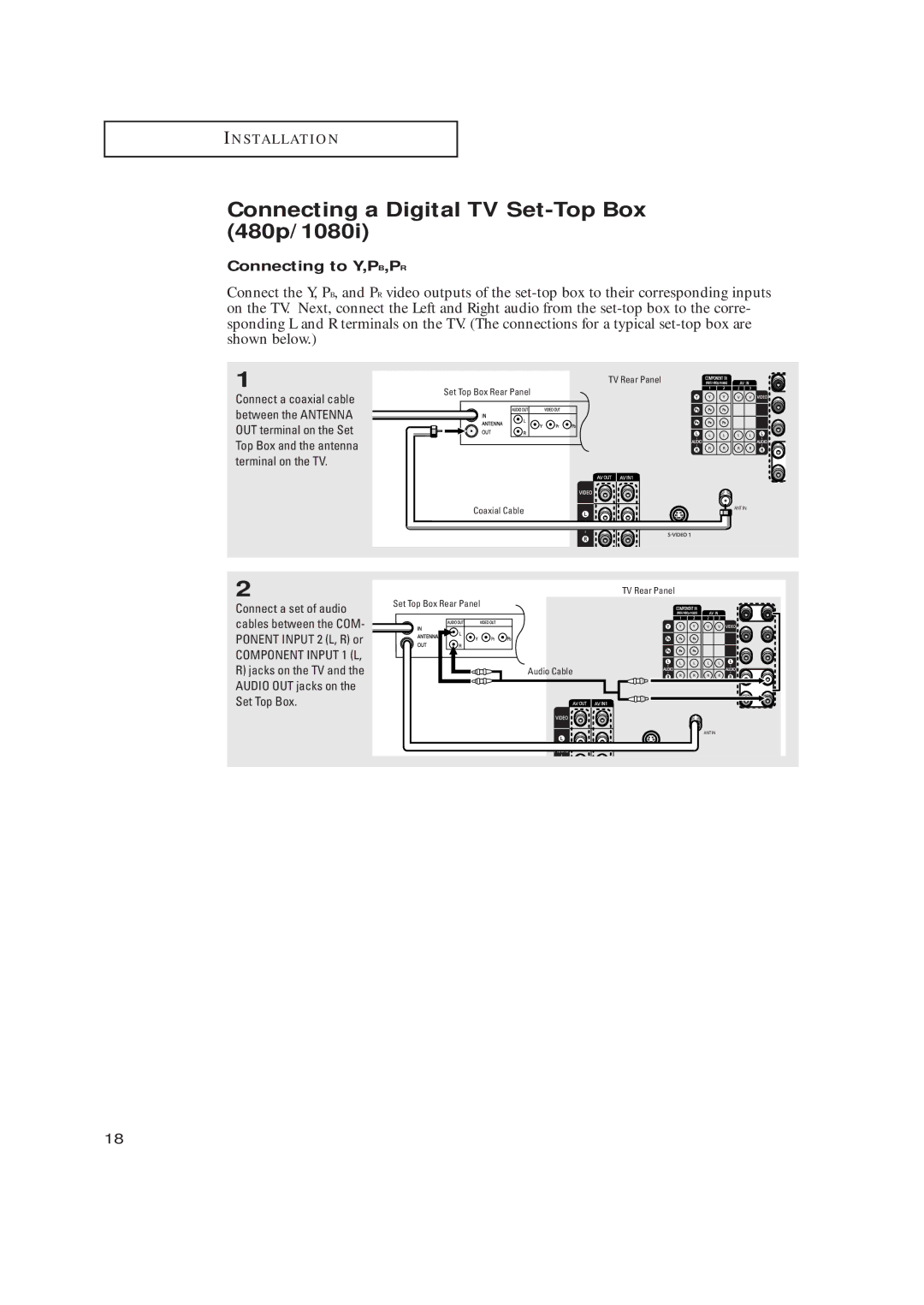 Samsung TX R3265, TX R2765 Connecting a Digital TV Set-Top Box 480p/1080i, Connecting to Y,PB,PR, Connect a set of audio 