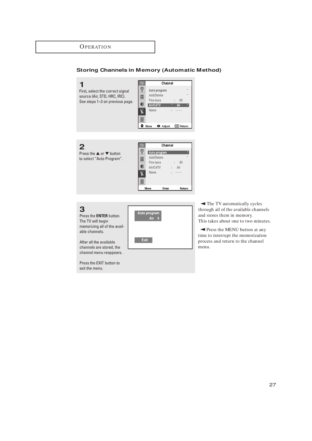 Samsung TX R3265, TX R2765 manual Storing Channels in Memory Automatic Method 