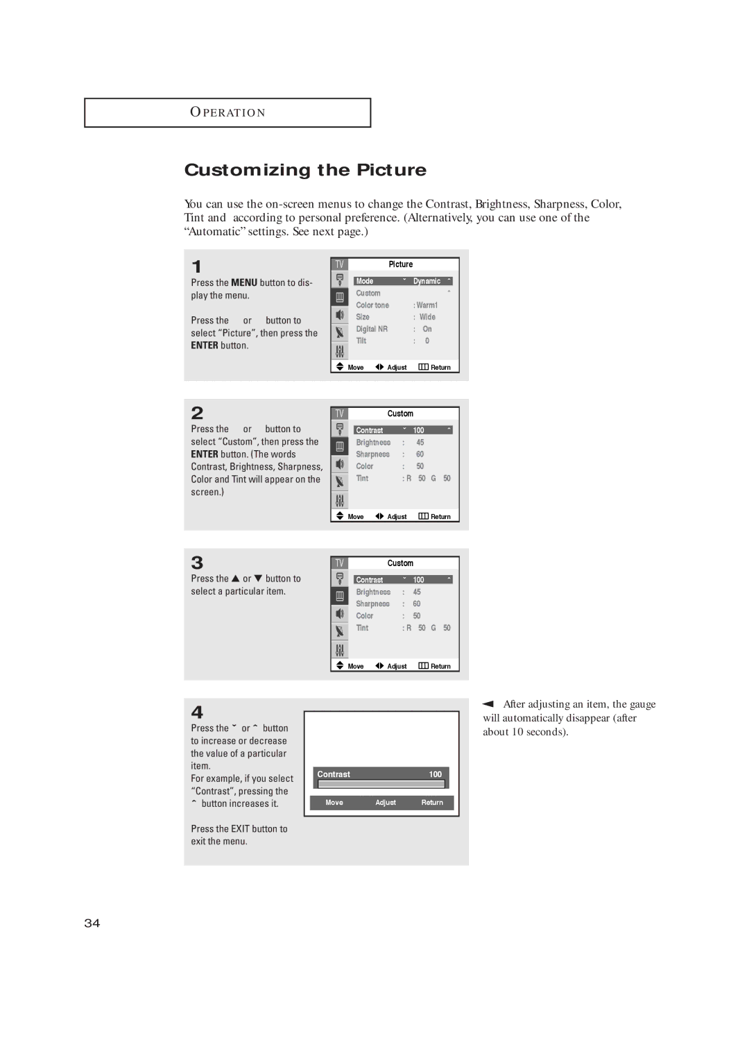 Samsung TX R2765, TX R3265 manual Customizing the Picture, Button increases it Press the Exit button to exit the menu 