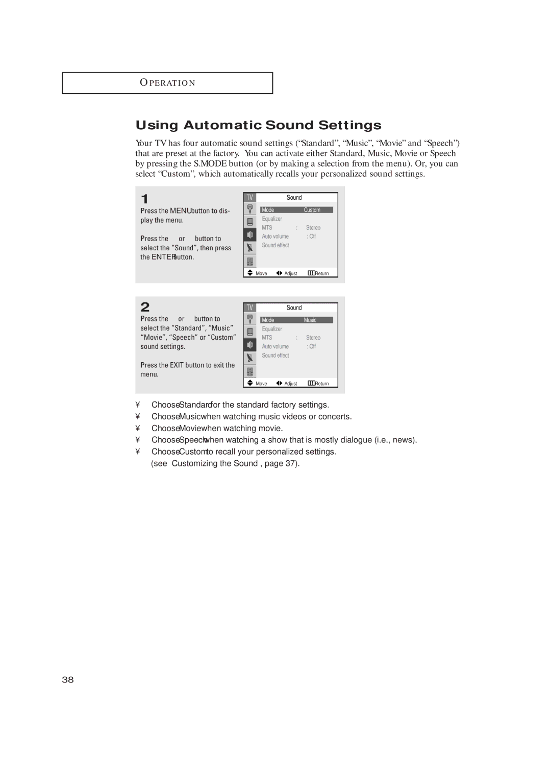 Samsung TX-R2764, TX-R3064W, TX-R3264, TXR2765, TX-R3065W, TX-R3265, TX-R2664W, TX R3265 Using Automatic Sound Settings 