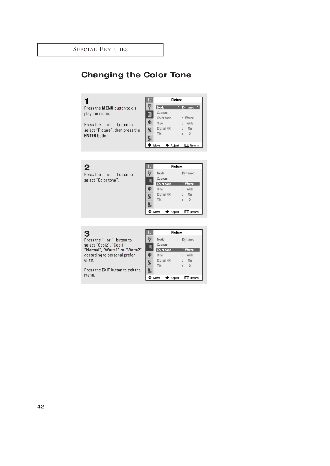 Samsung TX R3265, TX R2765 manual Changing the Color Tone, Press the or button to select Color tone 