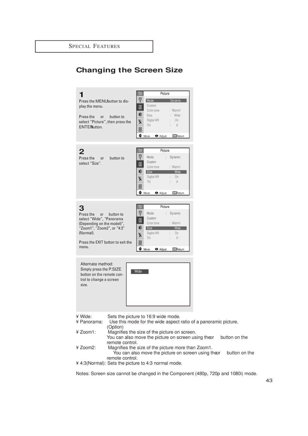 Samsung TX R2765, TX R3265 manual Changing the Screen Size, Press the or button to select Size 