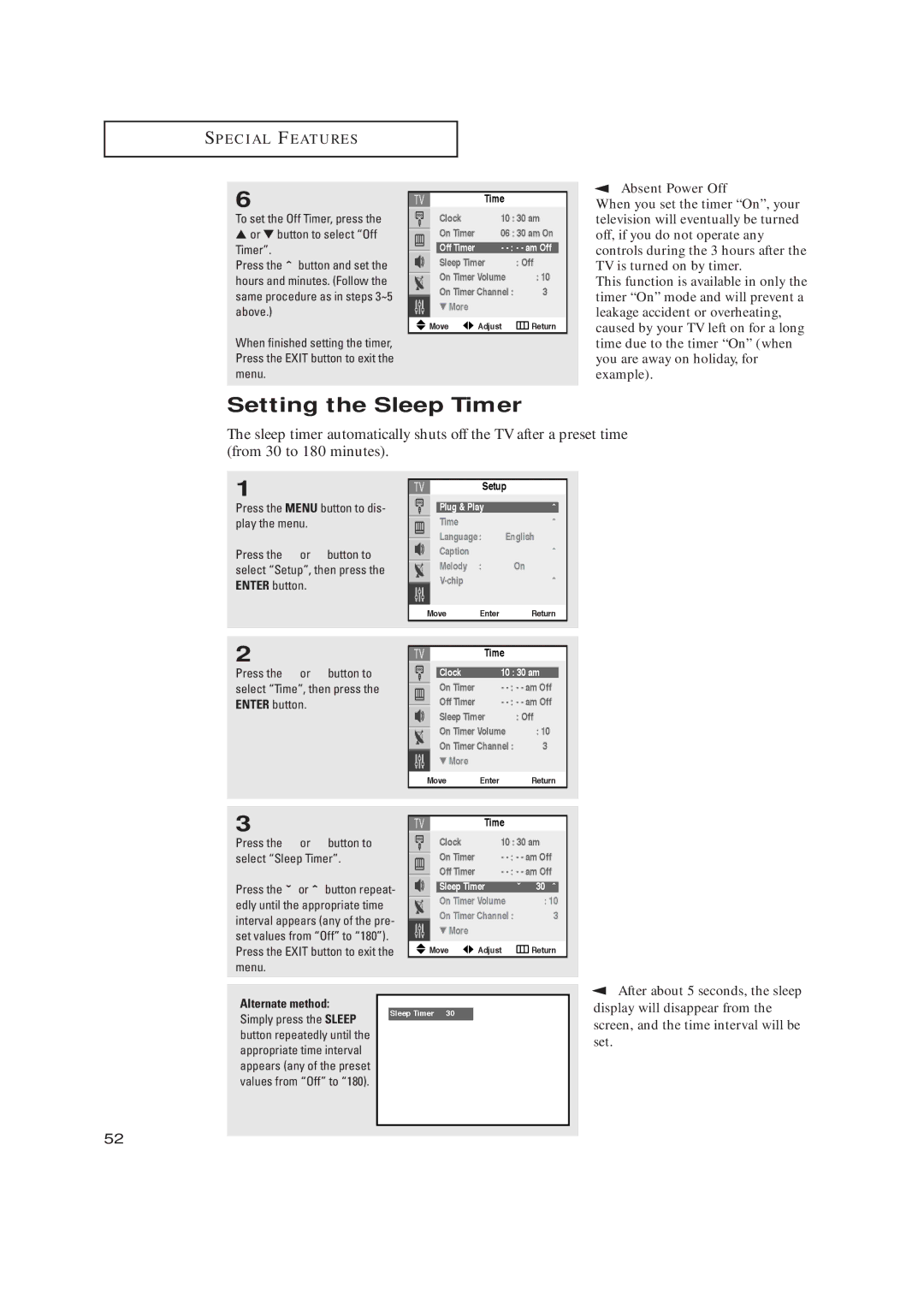 Samsung TX R2765, TX R3265 manual Setting the Sleep Timer, Press the or button to select Sleep Timer, Simply press the Sleep 