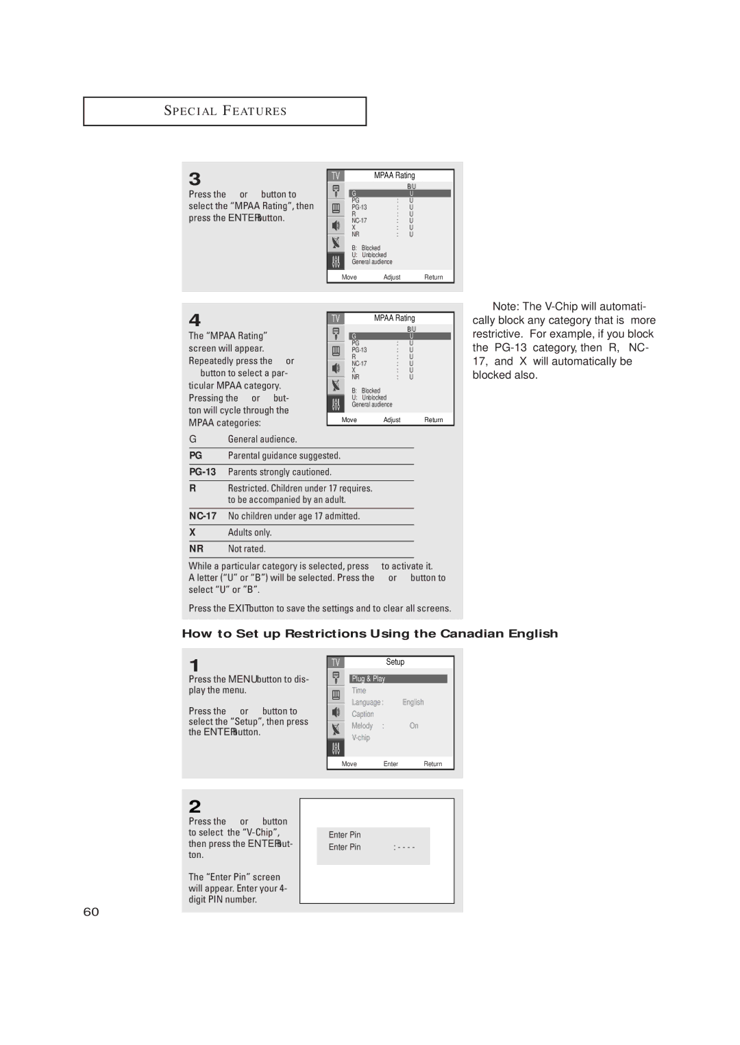 Samsung TX R3265, TX R2765 manual How to Set up Restrictions Using the Canadian English, Mpaa Rating 