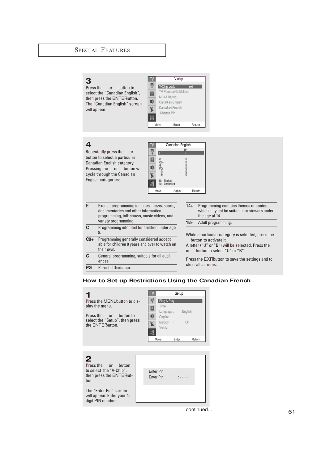 Samsung TX R2765, TX R3265 manual How to Set up Restrictions Using the Canadian French, English categories 