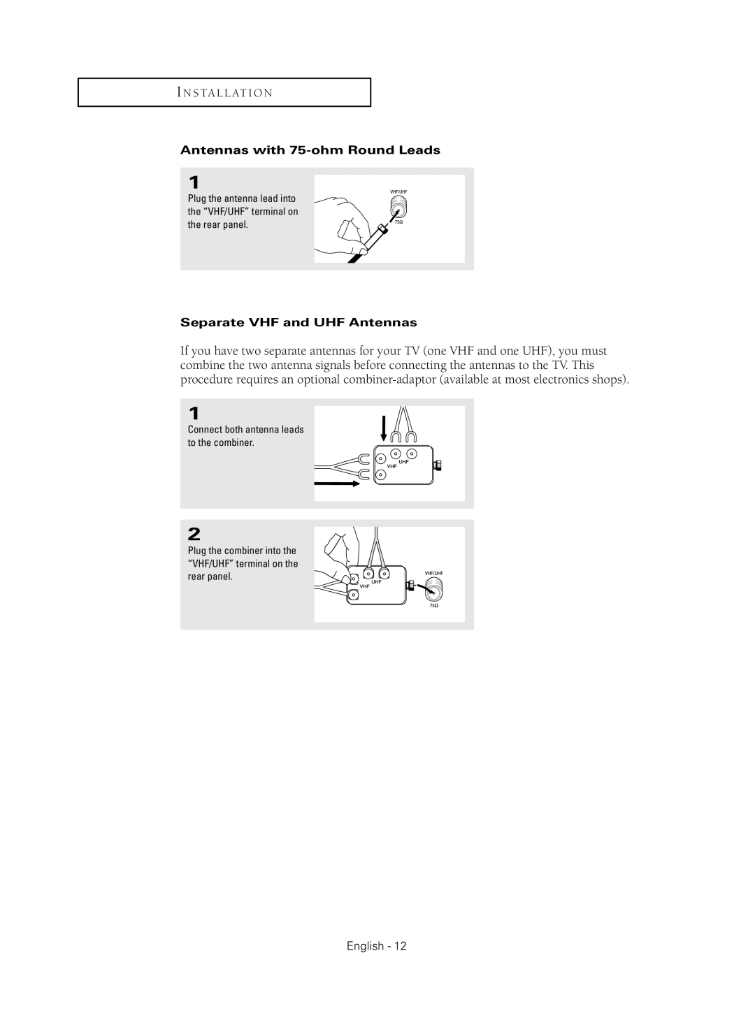 Samsung TX-S2040X manual Antennas with 75-ohm Round Leads, Separate VHF and UHF Antennas 