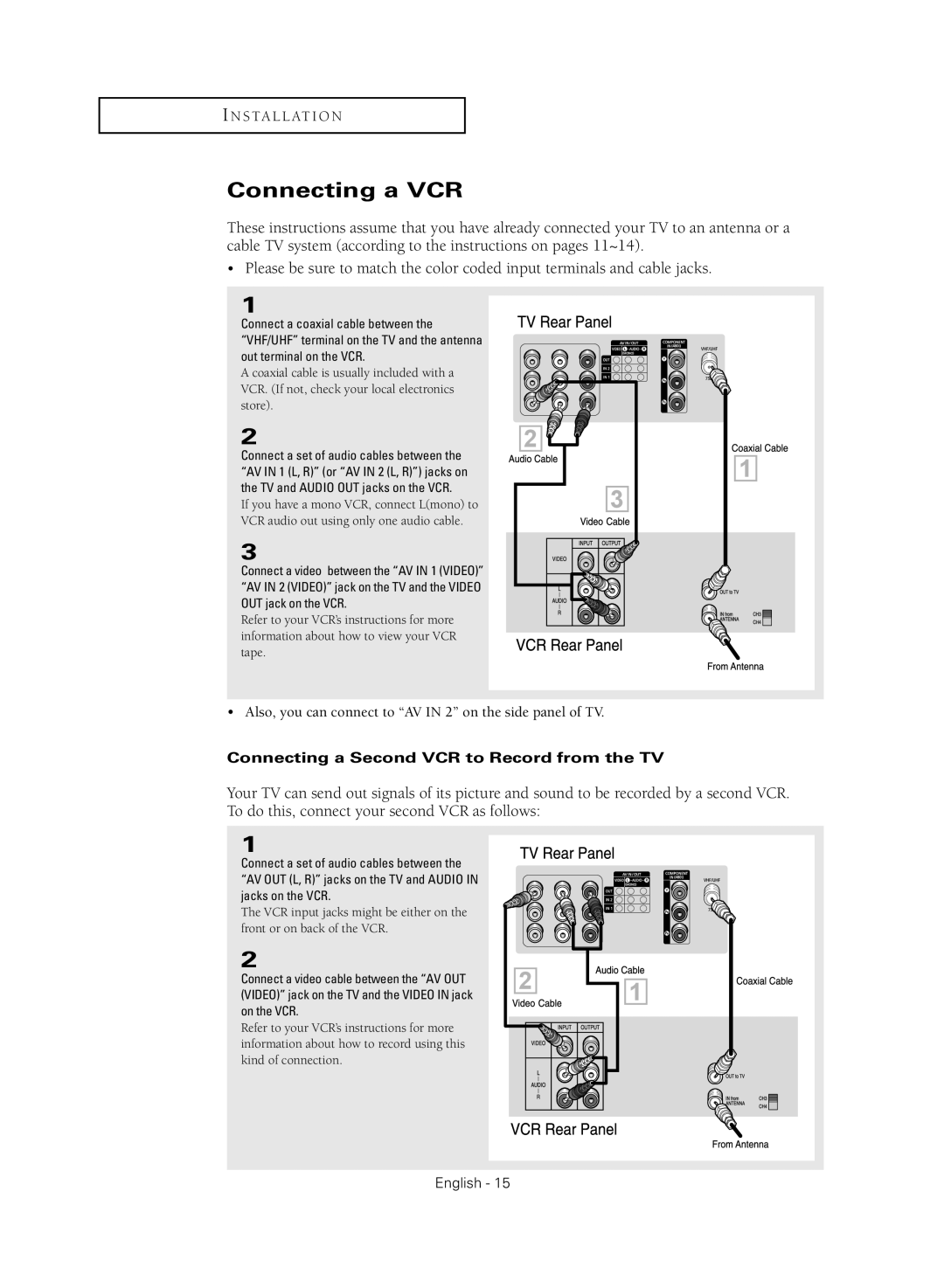 Samsung TX-S2040X manual Connecting a VCR, Connecting a Second VCR to Record from the TV 