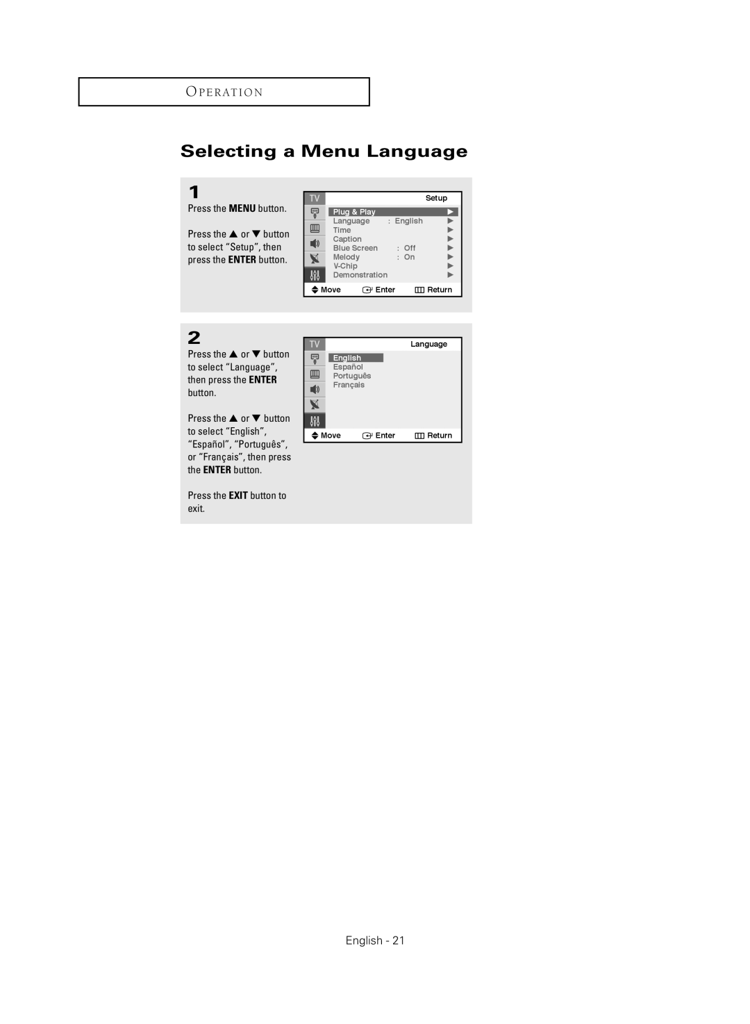 Samsung TX-S2040X manual Selecting a Menu Language 