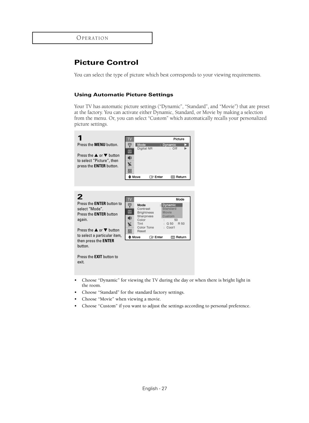 Samsung TX-S2040X manual Picture Control, Using Automatic Picture Settings, Press the Enter button again 