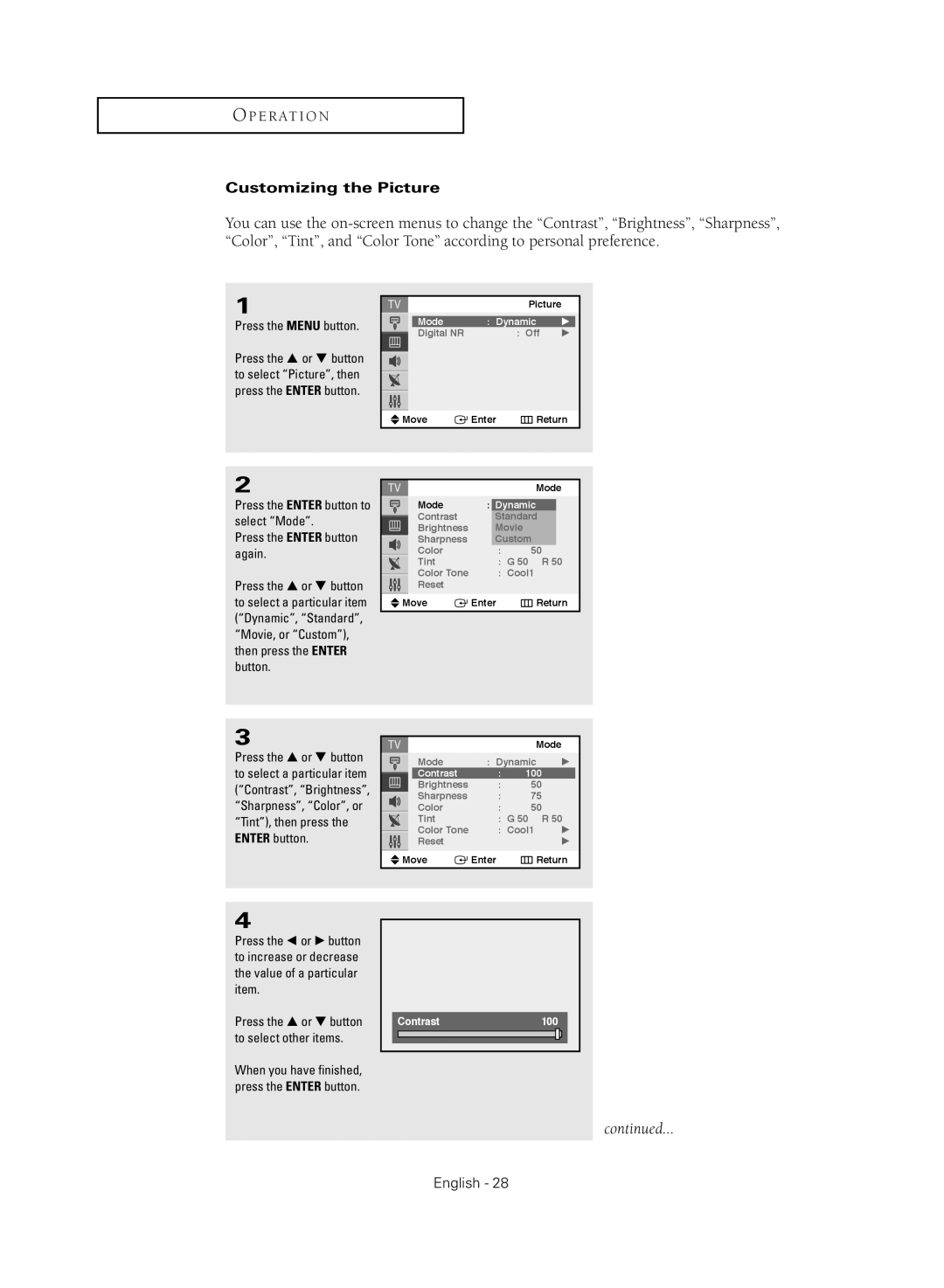 Samsung TX-S2040X manual Customizing the Picture 