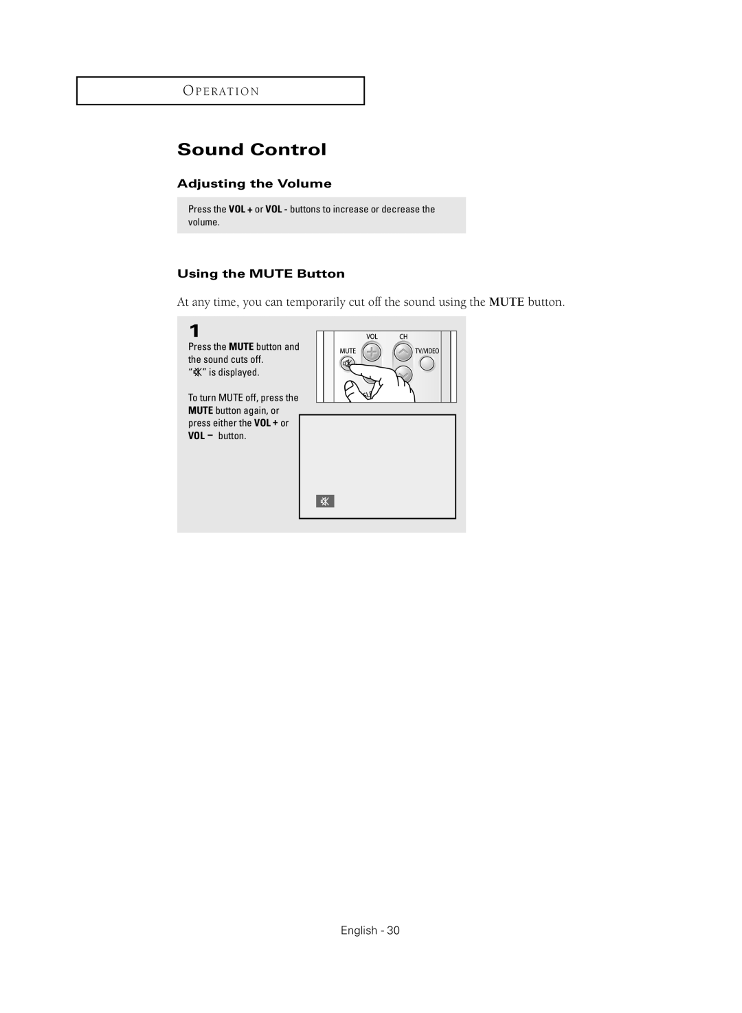 Samsung TX-S2040X manual Sound Control, Adjusting the Volume, Using the Mute Button 