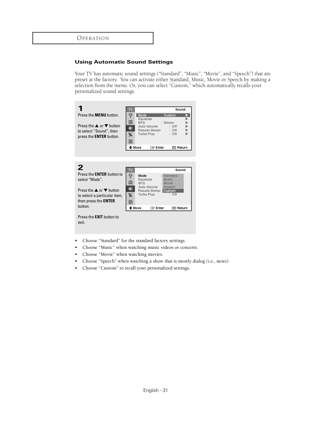 Samsung TX-S2040X manual Using Automatic Sound Settings, Press the Menu button 