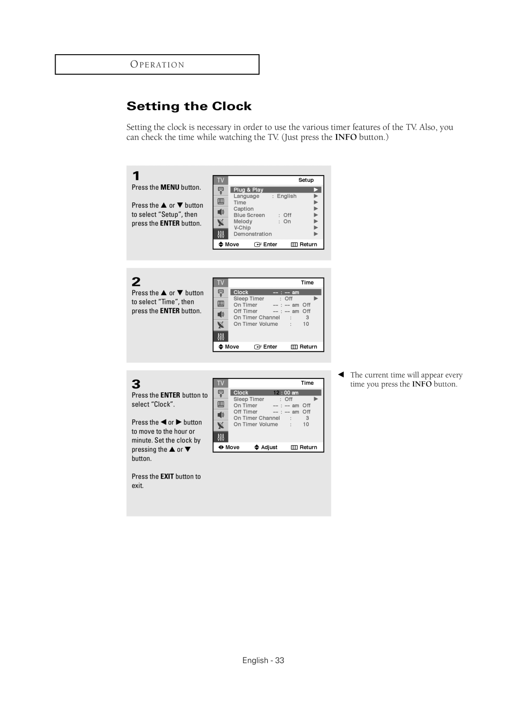 Samsung TX-S2040X manual Setting the Clock 