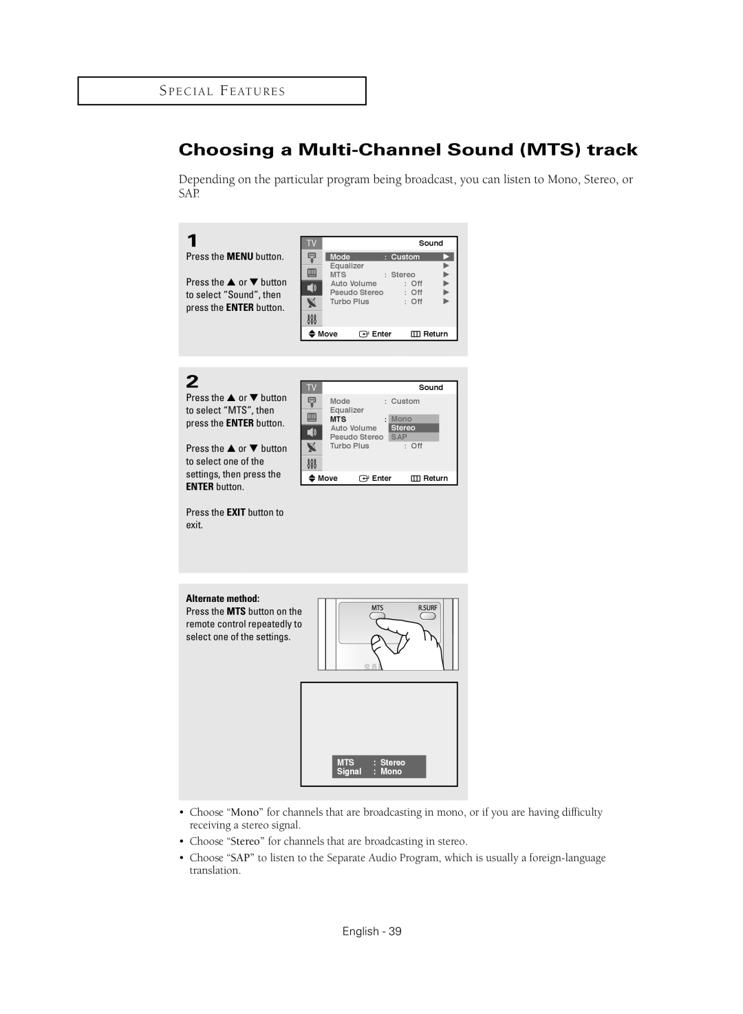 Samsung TX-S2040X manual Choosing a Multi-Channel Sound MTS track 