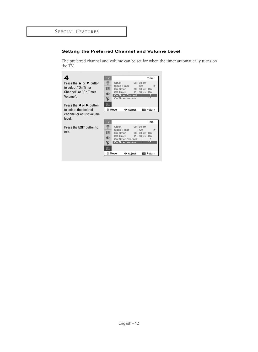 Samsung TX-S2040X manual Setting the Preferred Channel and Volume Level, On Timer Channel 