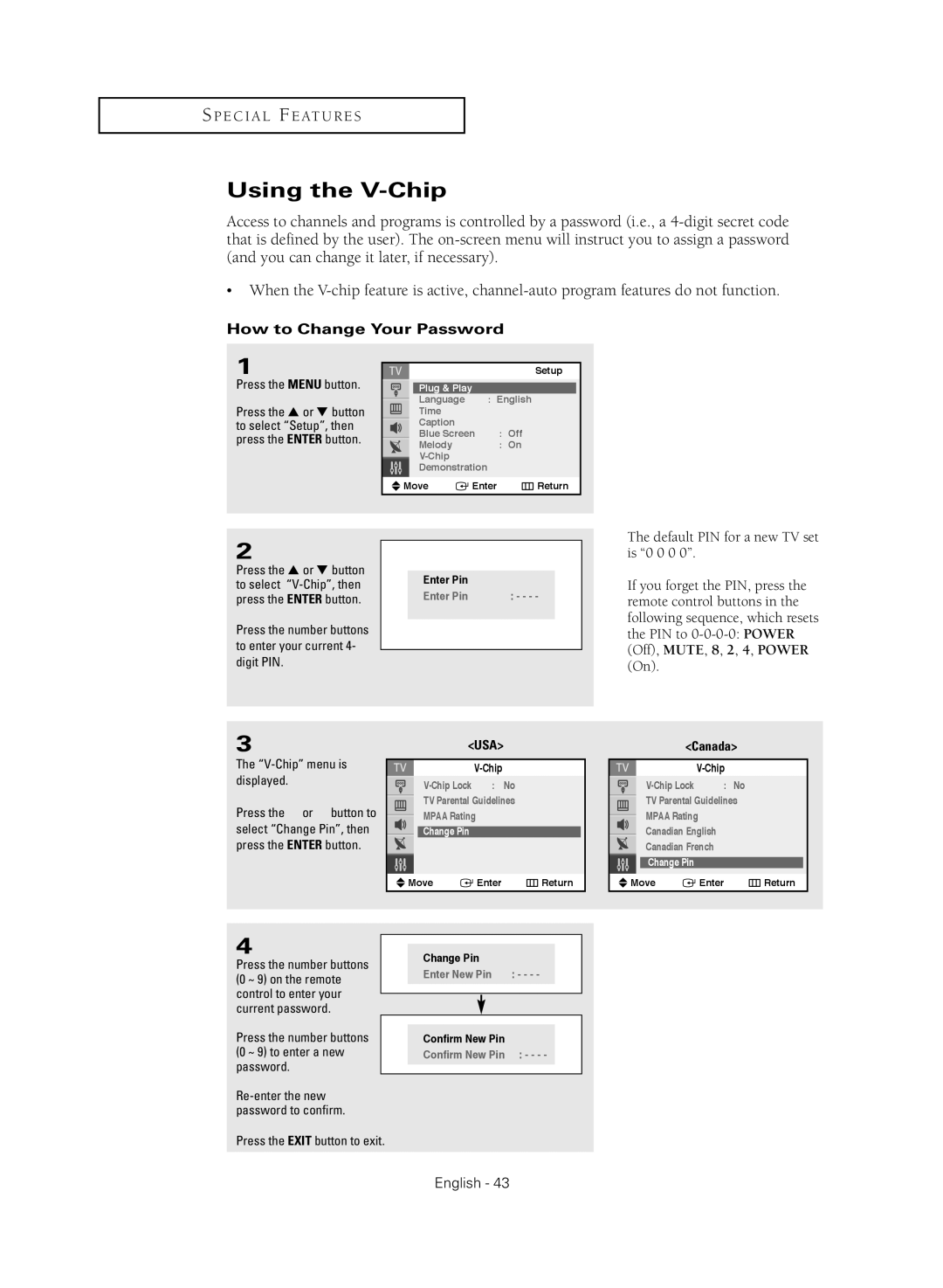 Samsung TX-S2040X manual Using the V-Chip, How to Change Your Password, V-Chip menu is displayed 