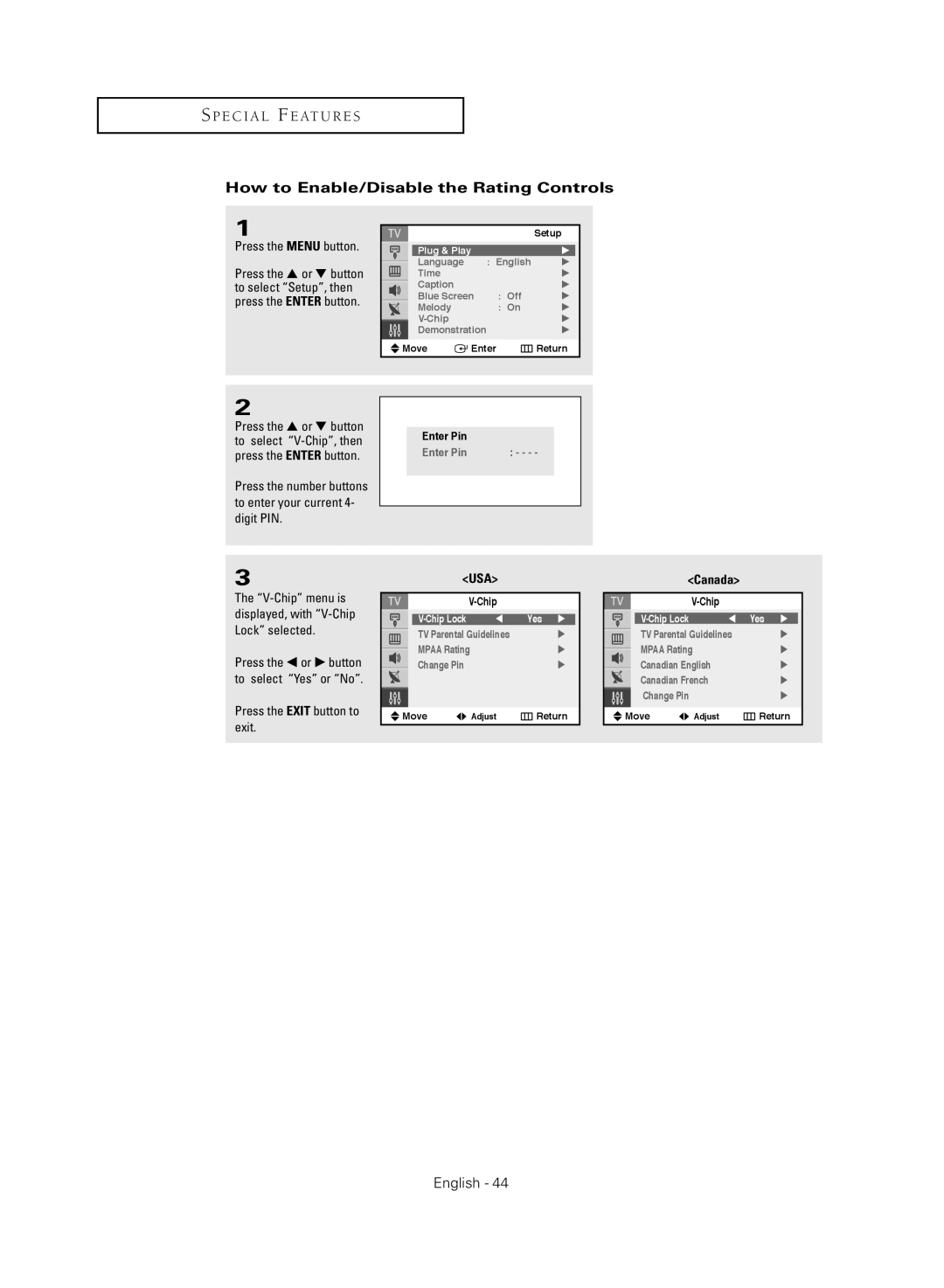 Samsung TX-S2040X manual How to Enable/Disable the Rating Controls, Usa 