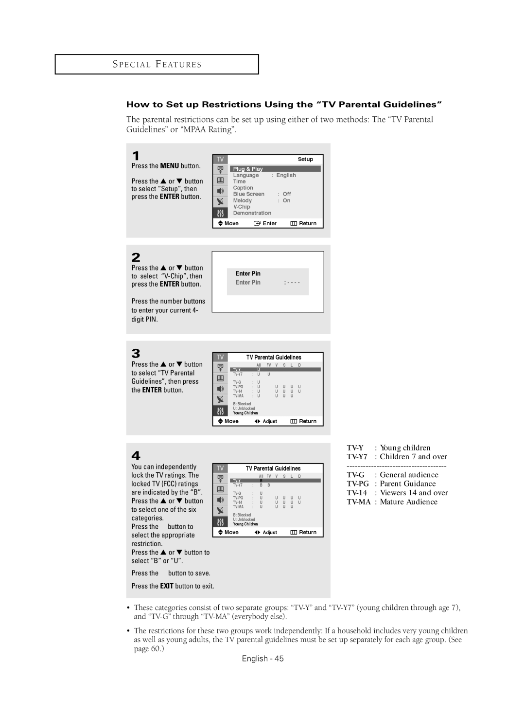 Samsung TX-S2040X manual How to Set up Restrictions Using the TV Parental Guidelines 