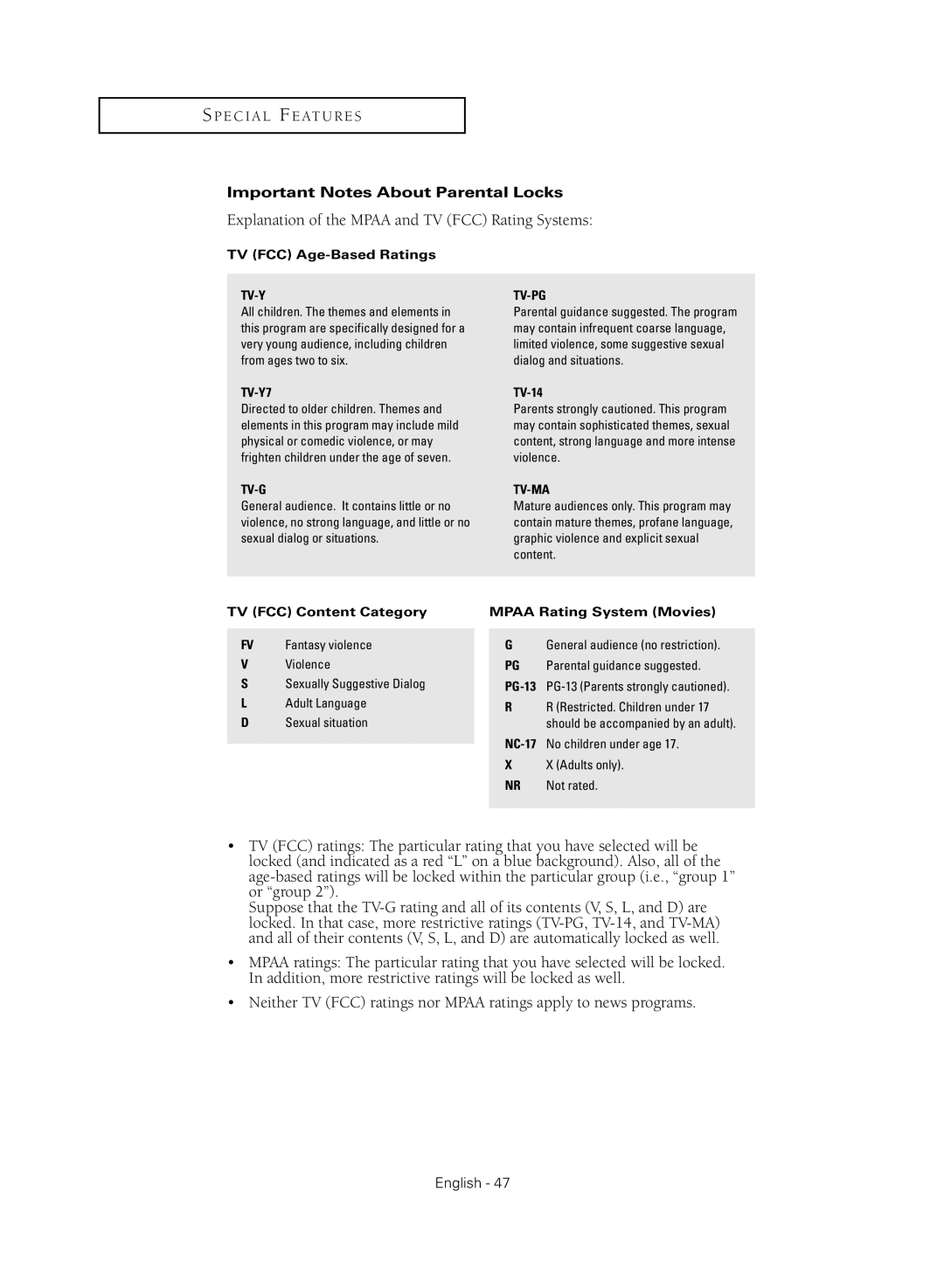 Samsung TX-S2040X manual Important Notes About Parental Locks, General audience no restriction 