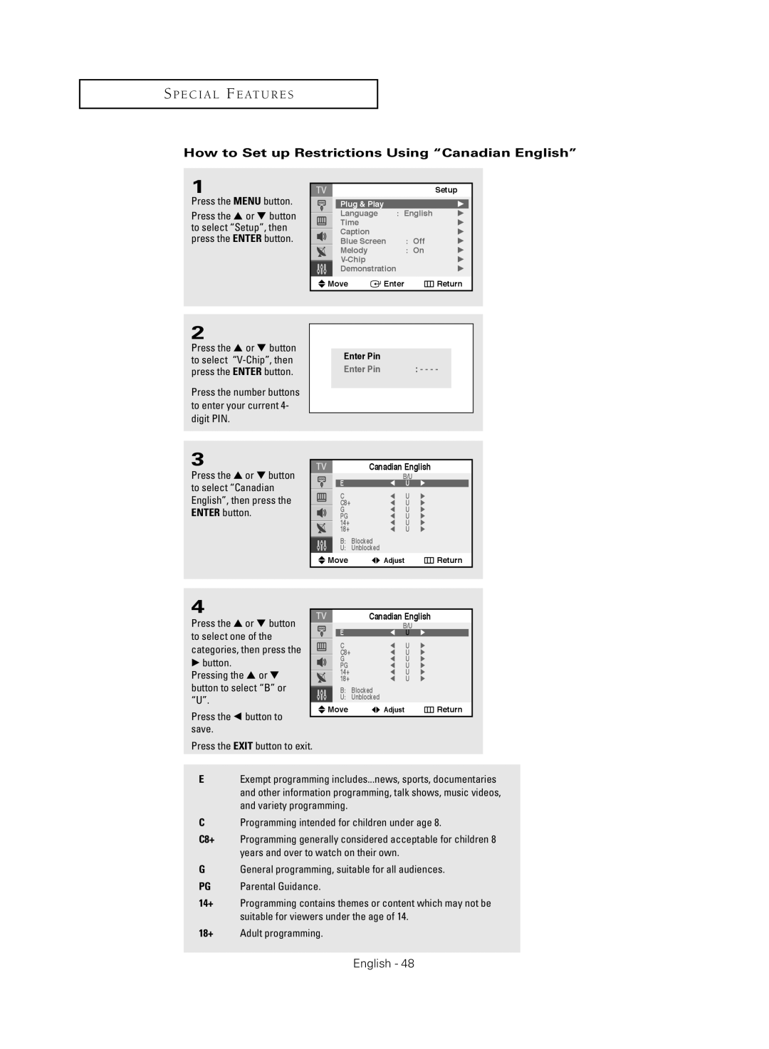 Samsung TX-S2040X manual How to Set up Restrictions Using Canadian English, Press the œ button to Save 