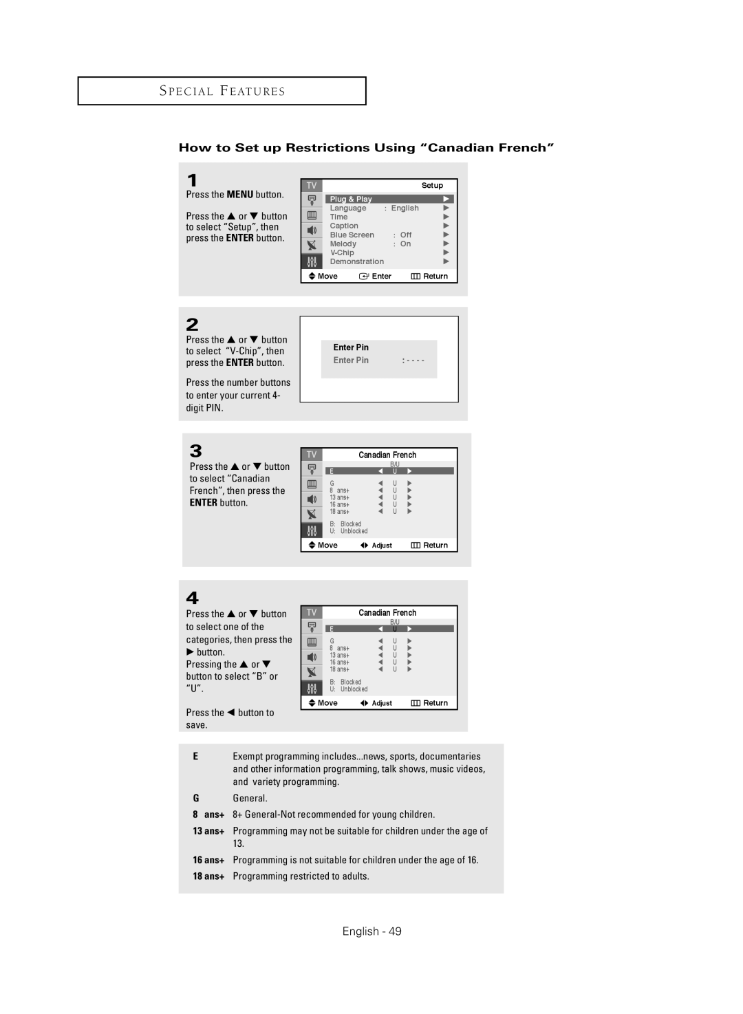 Samsung TX-S2040X manual How to Set up Restrictions Using Canadian French 