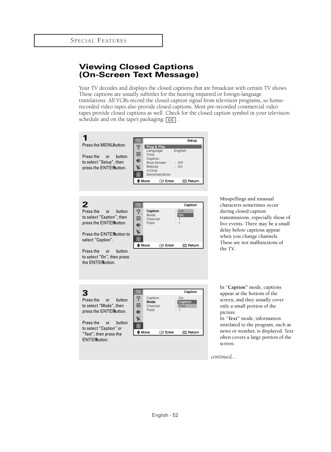 Samsung TX-S2040X manual Viewing Closed Captions On-Screen Text Message, Press the Enter button to select Caption 